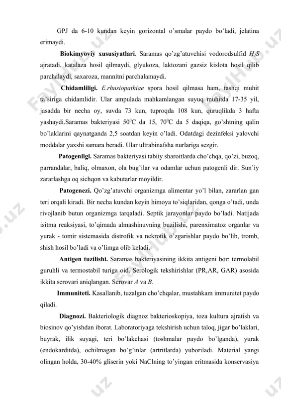 iyaga tekshirish uchun taloq, jigar bo’laklari, buyrak, ilik suyagi, teri bo’lakchasi (toshmalar paydo bo’lganda), yurak (endokarditda), ochilmagan bo’g’inlar (artritlarda) yuboriladi. material yangi olingan holda, 30-40% gliserin yoki naclning to’yingan eritmasida konservasiya qilinadi. ilik suyagi go’shtidan tozalanib 2% li fenol bilan ho’llangan dokaga o’rab yuboriladi. yangi patmaterialdan surtmalar tayyorlanib gram usulida bo’yaladi va mikroskopda ko’riladi. oziqa muhitlar gpa, gpb larga ekiladi. patmateri aldan fiziologik eritma bilan suspenziya tayyorlab 16-18 g vaznli oq sichqonlar terisi ostiga 0,1-0,2 ml yuboriladi. bu maqsadda kabutarni ham qo’llash mumkin. ijobiy natijada biosinovdagi hayvonlar 2-4 sutkada o’ladi. serologik tekshirishlar asosan saramasning surunkali va latent shakl larini aniqlash uchun o’tkaziladi. buning uchun probirkali va tomchili ar usullaridan foydalaniladi. reaksiya tomchili usulda qo’yilganda yog’sizlan tirilgan quruq predmet oynachasiga bir tomchi qon (0,004-0,006 ml) yoki zardob (0,002-0,003 ml), bir tomchi antigen ustiga tomdiriladi va aralashtiri ladi. spirt alangasi ustida yengilgina qizdirib, chayqatilib turiladi. ijobiy holda 1-2 daqiqada mayda yoki yirik …