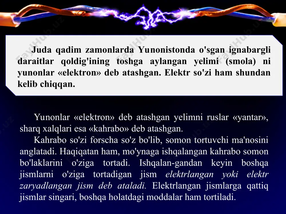 chlar deb ataladi. elektrofor mashina elektrlangan tayoqcha zaryadlanmagan jism-ga tekkizilsa, u zaryadsizlanib qoladi. jismlarda zaryadlarni to'xtovsiz hosil qilish uchun zaryadlarni ta'minlab beruvchi qurilma zarur. uzluksiz ra-vishda zaryadlarni hosil qilib turadigan qurilma ingliz olimi jeyms uimsxyorst (1832-1903) tomonidan kashf qilingan. bu asbob elektrofor mashina deb ataladi (6-rasm). * elektrofor mashina dastagi aylantirilganda, uning ikki diski (7) qarama-qar­shi tomonga aylanadi. aylanayotgan disklar cho'tkalarga ishqalanishi natijasida ularda qarama-qarshi ishorali zaryadlar hosil bo'lib, bu zaryadlar «leyden bankasi» (2) deb ataluvchi ikki silindrda to'plaaadi. jismlarni elektrofor mashinaning metal sharchalariga (3) tekkizib, ularni zaryadlash mumkin bo'ladi. *
