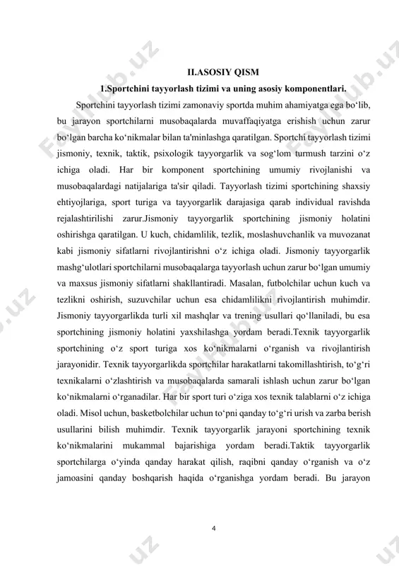 lom ovqatlanish, to‘g‘ri uyqu va tiklanish jarayonlariga e'tibor berishlari zarur. sog‘lom ovqatlanish sportchilarning energiya darajasini oshirish, musobaqalarda yuqori natijalarga erishishga va jismoniy sifatlarini rivojlantirishga yordam beradi. shuningdek, tiklanish jarayonlari sportchilarning jismoniy va ruhiy holatini yaxshilashda muhim ahamiyatga ega.sportchini tayyorlash tizimida murabbiylar va psixologlarning roli ham katta. ular sportchilarga o‘z maqsadlariga erishishda yordam berish, motivatsiya berish va qo‘llab-quvvatlash orqali tayyorgarlik jarayonini boshqarishlari zarur. murabbiylar sportchilarni o‘z qobiliyatlariga ko‘ra tayyorlash, mashg‘ulotlarni rejalashtirish va individual yondashuvni amalga oshirishlari kerak.sportchini tayyorlash tizimi yanada samarali bo‘lishi uchun zamonaviy texnologiyalar va ilmiy yondashuvlardan foydalanish zarur. sportchilarning tayyorgarlik jarayonini tahlil qilish va baholash uchun turli xil metod va vositalar qo‘llanilishi mumkin. bu jarayon sportchilarni yanada yaxshiroq tayyorlash, ularning kuchli va zaif tomonlarini aniqlash va tayyorgarlik dasturlarini yangilash imkonini beradi.shunday qilib, sportchini tayyorlash tizimi ko‘plab komponentlarni o‘z ichiga oladi va har bir komponent sportchining muvaffaqiyatiga ta'sir qiladi. jismoniy, texnik, taktik, psixologik tayyorgarlik va sog‘lom turmush tarzi sportchilarni nafaqat …