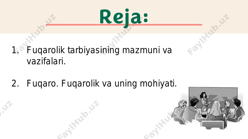 ylab asrash; fuqarolar tabiiy atrof- muhitga ehtiyotkorona munosabatda bo‘lish; qonunlar bilan belgilangan soliklar va mahalliy yig‘imlarni to‘lash; o‘zbekiston respublikasini himoya qilish. yuqorida qayd etilgan burchlarni bajarish o‘zbekiston respublikasining fuqarosi sanaluvchi har bir kishining muqaddas burchidir. fuqaro. fuqarolik va uning mohiyati. ijtimoiy hayotda fuqarolik madaniyatning shakllanishi uchun zarur shart-sharoitlarni vujudga keltirish: jamiyat va shaxs (fuqaro) manfaatlariga to‘la mos keladi. shu sababli respublika mustaqilligi sharoitida fuqarolik tarbiyasini tashkil etish mazmunini tubdan yangilash zaruriyati yuzaga keldi. fuqarolik tarbiyasini keng ko‘lamli (kompleks) tarzda tashkil etish – bugungi kun da'vati va talabi bo‘lib qolmoqda. ushbu talabni ijobiy ravishda hal etish oila - ta'lim muassasalari - jamoatchilik - davlat - jamiyat o‘rtasidagi mustahkam hamkorlik muhim ahamiyatga ega. fuqaro – fuqaroligi huquqiy jihatdan e'tirof etilgan hamda muayyan jamiyat (davlat) a'zosi bo‘lgan shaxs. o‘z fuqarolariga ega bo‘lish har bir davlatning zarur va muhim belgisi sanaladi. fuqarolarning mavjudligi sababli davlat mavhum tushuncha bo‘lmay, muayyan mexanizmga ega sub'ekt sifatida maydonga …