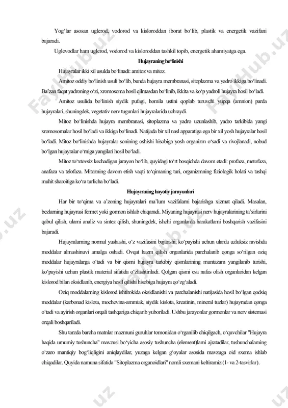 , homila ustini qoplab turuvchi yupqa (amnion) parda hujayralari, shuningdek, vegetativ nerv tugunlari hujayralarida uchraydi. mitoz bo‘linishda hujayra membranasi, sitoplazma va yadro uzunlashib, yadro tarkibida yangi xromosomalar hosil bo‘ladi va ikkiga bo‘linadi. natijada bir xil nasl apparatiga ega bir xil yosh hujayralar hosil bo‘ladi. mitoz bo‘linishda hujayralar sonining oshishi hisobiga yosh organizm o‘sadi va rivojlanadi, nobud bo‘lgan hujayralar o‘rniga yangilari hosil bo‘ladi. mitoz to‘xtovsiz kechadigan jarayon bo‘lib, quyidagi to‘rt bosqichda davom etadi: profaza, metofaza, anafaza va telofaza. mitozning davom etish vaqti to‘qimaning turi, organizmning fiziologik holati va tashqi muhit sharoitiga ko‘ra turlicha bo‘ladi. hujayraning hayotiy jarayonlari har bir to‘qima va a’zoning hujayralari ma’lum vazifalarni bajarishga xizmat qiladi. masalan, bezlarning hujayrasi fermet yoki gormon ishlab chiqaradi. miyaning hujayrasi nerv hujayralarining ta’sirlarini qabul qilish, ularni analiz va sintez qilish, shuningdek, ishchi organlarda harakatlarni boshqarish vazifasini bajaradi. hujayralarning normal yashashi, o‘z vazifasini bajarishi, ko‘payishi uchun ularda uzluksiz ravishda moddalar almashinuvi amalga oshadi. ovqat …