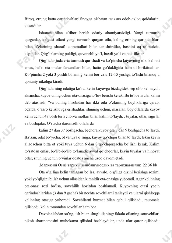 ихнавислик 22 36 bb ota o’g’liga kelin tanlagan bo’lsa, avvalo, o’g’liga qizini berishga rozimi yoki yo’qligini bilish uchun oilasidan kimnidir ota-onasiga yuboradi. agar kelinning ota-onasi rozi bo’lsa, sovchilik hozirdan boshlanadi. kuyovning otasi yaqin qarindoshlaridan (3 dan 9 gacha) bir nechta sovchilarni tanlaydi va ularni qishloqqa kelinning otasiga yuboradi. sovchilarni hurmat bilan qabul qilishadi, muomala qilishadi, kelin tomondan sovchilar ham bor. davolanishdan so’ng, ish bilan shug’ullaning: ikkala oilaning sotuvchilari nikoh shartnomasini muhokama qilishni boshlaydilar, unda ular qaror qilishadi: kuyov kuyovga qancha pul to’lashi kerak, qaysi vaqtda va qaysi qismlarda, nihoyat, to’y qachon bo’lishi kerak. , to’y va kuyovdan kelinning ota-onasiga sovg’alar uchun qancha mablag’ ajratilgan. endi esa, nikoh shartnomasi ikki taraf tomonidan qabul qilinishi bilanoq, kelinning ovulida tog’ va turli o’yin-kulgilar bilan ziyofat boshlanadi: kurash, o’yinlar, ot poygalari, o’zaro qo’shiqlar musobaqasi. shu paytdan boshlab, qirg’iz odatiga ko’ra, kuyov kelinning ota-onasiga ham, boshqa qarindoshlariga ham ko’rinmasligi kerak; xuddi shunday, u kuyovning qarindoshlariga …