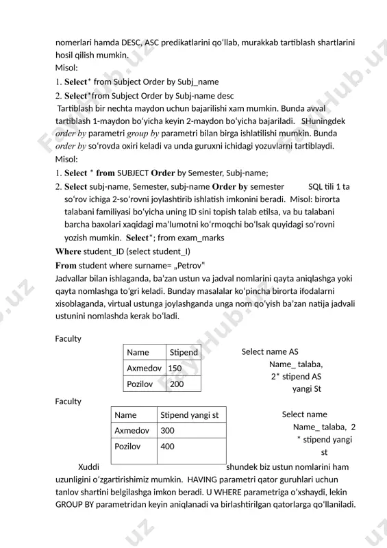 i. u where parametriga o‘xshaydi, lekin group by parametridan keyin aniqlanadi va birlashtirilgan qatorlarga qo‘llaniladi. having parametrini tanlash shartida, so‘rov bo‘yicha ustunlar qiymatlarini, shu jumladan agregat funktsiyalarining qiymatlarini ishlatishingiz mumkin. guruxlar ichidan kerakli yozuvlarni ajratib olish uchun having ishlatiladi. having=where, faqat having guruxlar ichiga tegishli select subj_name, max (hour) from subject having max (hour)>= 34 group by subj_name; 1. cars jadvali bo'yicha: har bir yili bo'yicha mashinalar sonini olish 2.hodimlar jadvali bo'yicha: har bir ish vaqti bo'yicha hodimlar sonini olish hammasini birlashtirish: mashinalar va ularni boshqarayotgan haydovchilar sonini ko'rsatish nazorat savollariga javoblar; 1. sql tilida group by kalit so‘zining strukturasi qanday? group by kalit so‘zi ma'lumotlarni guruhlash uchun ishlatiladi. strukturasi quyidagicha: select column1, column2, aggregate_function(column3) from table_name group by column1, column2; bu yerda: · column1, column2 — guruhlash uchun ishlatiladigan ustunlar. · aggregate_function(column3) — agregat funktsiyasi (masalan, sum(), count(), avg()). 2. sql tilida order by kalit so‘zining strukturasi qanday? order …