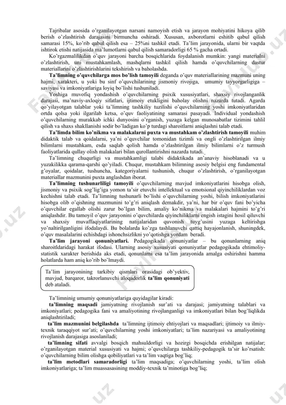 b’yektiv ilmiy dalillar, hodisalar, qonunlar, zamonaviy yutuqlar va rivojlanish istiqbollarini ochib berishga yaqinlashtirib, u yoki bu sohaning asosiy nazariya yoki konsepsiyalari bilan tanishtirishga yo’naltirilgan bo’lishini talab etadi. ta’limning fundamentalligi va amaliy yo’nalganligi tamoyilining ahamiyati shundaki, umuiy o’rta ta’lim maktablaridayoq o’quvchilar chuqur nazariy va amaliy tayyorlikdan o’tadilar. mazkur holat an’anaviy didaktikada ta’limning hayot bilan, nazariyaning amaliyot bilan bog’liqligi tamoyili sifatida ifoda etiladi. o’qishda fundamentallik bilimlarning ilmiyligi, to’liq va chuqur bo’lishini ko’zda tutadi. u yuksak intellektual salohiyat, fikrlash layoqatining tadqiqotchilik ko’rinishda bo’lishi, bilimlarini doimiy ravishda to’ldirib borish istagi va malakalarini talab etuvchi zamonaviy ilmiy-texnik taraqqiyotga asoslanganlik bilan tavsifalanadi. fundamental bilimlar aniq bilimlariga qaraganda sekin eskiradi, shuningdek, inson va xotirasiga emas, ko’proq uning fikrlash layoqatiga bog’liq bo’ladi. ta’limning fundamentalligi bilimlar mazmunining muntazamligi, nazariy va amaliy jihatdan o’zaro nisbatda bo’lishni talab etadi. ta’lim va tarbiyaning uyg’unligi tamoyili yaxlit pedagogik jarayonda ta’lim va tarbiyaning birligi qonuniyatlariga tayanadi. bu tamoyil ta’lim jarayonida barkamol rivojlangan shaxsni shakllantirishni …