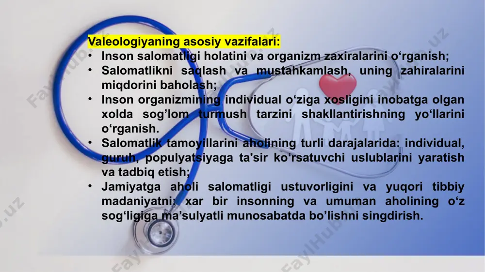 i quvvatlovchi, kasalliklarni davolovchi va xayotni uzaytiruvchi bo‘limlarga ajratgan, tibbiyotda davolash ustunligini va aholi salomatligini saqlashga qaratilgan ishlar yaxshi rivojlanmaganligini ko‘rsatib o‘tgan. keyinchalik tibbiyot tarixining rivojlanib borish jarayonida salomatlik haqidagi ta'limot sharqiy va g‘arbiy yo‘nalishlarga ajraldi. agar g‘arbiy yo‘nalish borliqni materialistik anglash, tabiat va insonni o‘rganishda empirik va eksperimental yondoshuvlar bilan ko‘proq bog‘lik bo‘lsa, sharqda bu asosan ma'naviy-ruhiy, xissiy-estetik anglash va mushohada qilish bilan bog‘landi. ushbu yo‘nalishlarga bog’lik xolda dunyoqarash asosan valeologik yondoshuvlar bilan birga rivojlanib bordi. qadimgi sharq ta'limoti inson uchta darajadan iborat yoki uchta tanaga ega deb ta'kidlaydi: jismoniy (tananing butun anatomiyasi, uning jismoniy tuzilishi, uning asta-sekin qarishi); astral - insonning ruhiy- xissiy qirrasi, ya'ni uning aurasi yoki ma'lum energetikasi; mental inson ruhiyatining va tafakkurining ifodalanishi, u eng avvalo ong, fikr va aql bilan bog‘liq bo‘ladi. zamonaviy fan inson salomatligini quyidagi: funktsional-tuzilishi, fizik-kimyoviy, ruxiy-hissiy va ma'naviy tarkibiy qismlardan iboratligini belgilaydi. xalqaro yunesko tashkiloti salomatlik tushunchasini uchta tarkibiy qismga …