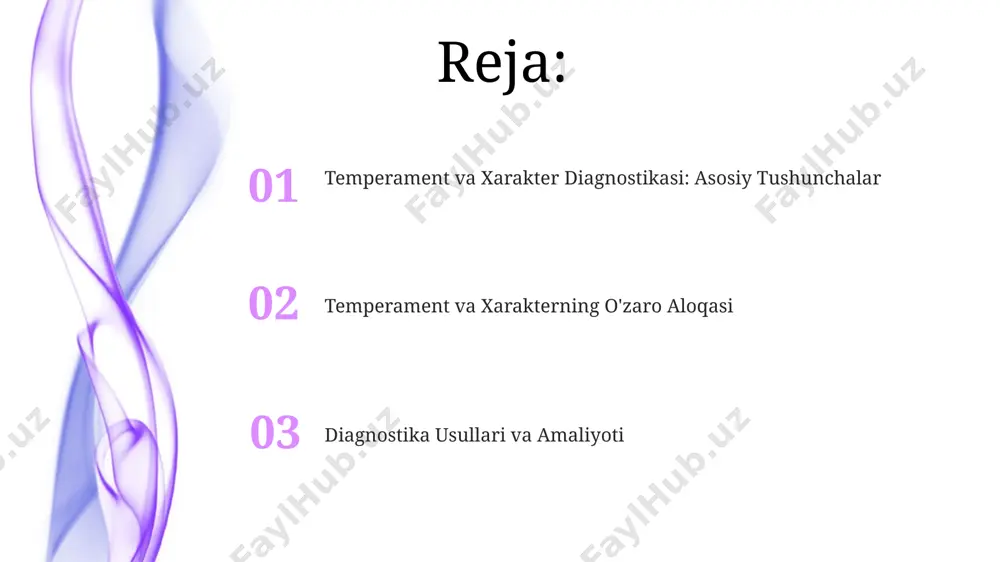 ko'ra, 30% hollarda, andijon viloyatidagi o'quvchilar orasida o'rganilganidek, o'z-o'zini anglash darajasiga va ijtimoiy moslashuvchanlikka ta'sir qiladi. temperament va xarakterning rivojlanishi temperament tugʻma xususiyat boʻlib, 0-3 yosh oraligʻida shakllanadi va insonga xos boʻlgan reaksiyalar tezligi, intensivligi va kayfiyatini belgilaydi, masalan, flegmatik yoki xolerik temperament. xarakter esa 3 yoshdan keyin ijtimoiy muhit ta'siri ostida shakllanib, shaxsning qarashlari, qadriyatlari va xulq-atvorining oʻziga xos xususiyatlarini aks ettiradi, masalan, mas'uliyatlilik yoki halollik kabi xislatlar toshkent shahrida oʻtkazilgan tadqiqotlarga ko'ra. temperament turlari temperament turlarini aniqlashda 4 ta asosiy toifa – sangvinik, flegmatik, xolerik va melanxolik – jahon miqyosida 19-asr oxiridan beri qo‘llanib kelinmoqda va bu tizim turli mamlakatlarda, jumladan o‘zbekistonda ham keng tarqalgan. temperament turlarini aniqlashdagi ilg‘or usullar, masalan, 5 omilli model (big five), an'anaviy 4 ta temperament turiga nisbatan 30% ga ko‘proq aniqlik bilan shaxsning xususiyatlarini aniqlay oladi va bu dunyoning turli burchaklarida qo‘llaniladi. kuzatish va suhbat usullari kuzatuv va suhbat usullarini birgalikda qo'llash, 20 …