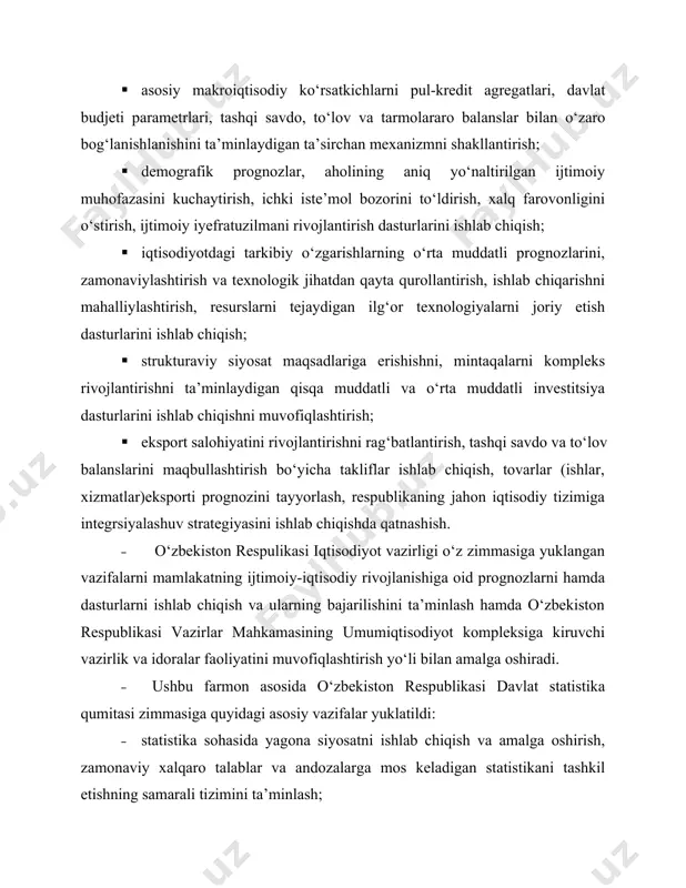 ni yuritish. o‘zbekistonda iqtisodiyot va statistika bo‘yicha faoliyat ko‘rsatayotgan bo‘linmalar negizida quyidagilar tashkil qilindi: qoraqalpog‘iston respublikasida – iqtisodiyot vazirligi va statistika boshqarmasi; toshkent shahrida va respublika viloyatlarida – iqtisodiyot bosh boshqarmalari va statistika boshqarmalari; respublika shahar va tumanlarida – iqtisodiyot bo‘limlari va statsitika bo‘limlari. quyidagilar asosiy vazifa qilib belgilangan: iqtisodiyot hududiy organlari o‘zbekiston respublikasi iqtisodiyot vazirligiga hamda qoraqalpog‘iston respublikasi vazirlar kengashi, viloyat, shahar, tuman hokimliklariga; statsitika hududiy organlari o‘zbekiston respublikasi davlat statistika qo‘mitasiga qarashlidir. ishlab chiqarilgan va sotilgan mahsulot (ishlar, xizmatlar) hajmlarining sun’iy ravishda kamaytirilishiga, korxonalar faoliyatiga noxolis baho berilishiga, pul mablag‘larining bankdan tashqari noquniy aylanishiga olib keladigan noto‘g‘ri statistik hisobotni taqdim etishda, statistika ma’lumotlarini yashirishda aybdor bo‘lgan mansabdor shaxslar qonunga muvofiq qattiq javobgarlikka, hatto jinoiy javobgarlikka ham tortiladilar. farmonda ko‘rsatilgandek, o‘zbekiston respublikasi adliya vazirligi o‘zbekiston respublikasi davlat statistika qo‘mitasi, bosh prokuraturasi hamda boshqa manfaatdor idoralar bilan birgalikda bir oy muddatda «jinoyat kodeksi» ga va «ma’muriy javobgarlik to‘g‘risidagi kodeks» ga …