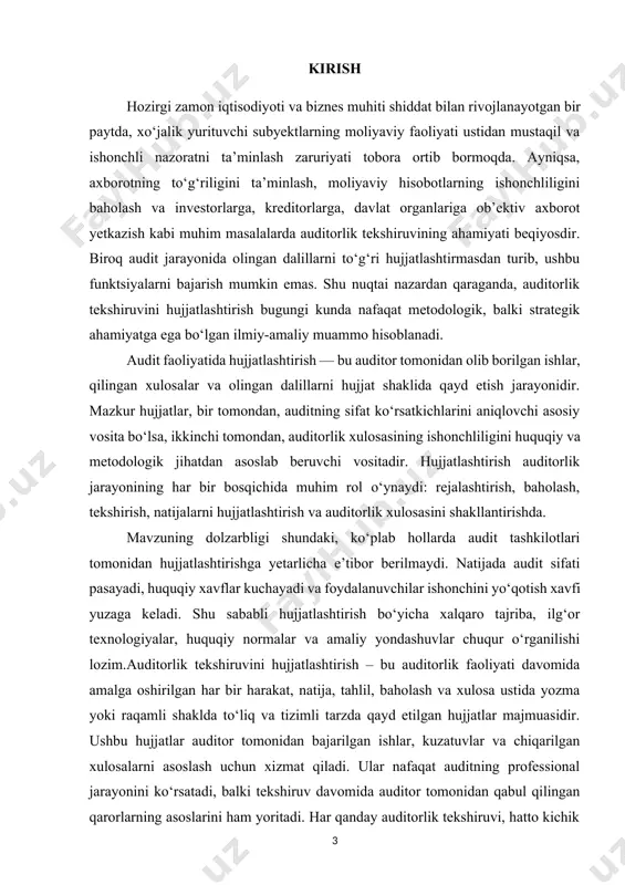 aga keltiradi. auditorning har bir fikri, bahosi yoki tavsiyasi aniq manbaga, faktga asoslangan bo‘lishi shart. aks holda, audit xulosasi ishonchli emas deb topiladi. auditorlik hujjatlari yordamida tekshiruvning fazalari, vaqt oralig‘i, jalb qilingan auditorlar soni, har birining vazifasi va bajarilgan ishlar aniq ko‘rsatiladi. ular orqali auditorlik kompaniyasining ichki boshqaruv mexanizmi va sifat nazorati tizimi ham yoritiladi. bu esa audit bo‘yicha qaror qabul qilayotgan barcha tomonlarga aniqlik, shaffoflik va ishonch beradi. auditorlik hujjatlarini yuritishning bosh maqsadi — auditorlik tekshiruvining barcha bosqichlarini ishonchli tarzda aks ettirish, tekshiruv davomida aniqlangan muammo va kamchiliklarni asoslash, audit xulosasining ob’ektivligini ta’minlash va auditorning kasbiy qarorlarini dalillar bilan mustahkamlashdan iborat. hujjatlashtirish nafaqat auditorlik faoliyatining izchilligini ko‘rsatadi, balki auditorlar o‘rtasida ichki hamkorlikni kuchaytirish, har bir auditorning vazifalar doirasini aniqlashtirish va yondashuvda yagona metodologiyani shakllantirish imkonini beradi. ayniqsa, murakkab va ko‘p bosqichli auditlar davomida hujjatlarning funksional ahamiyati beqiyosdir. har bir auditor o‘z faoliyati davomida amalga oshirgan harakatlarini, qo‘llagan metodlarini, foydalangan …
