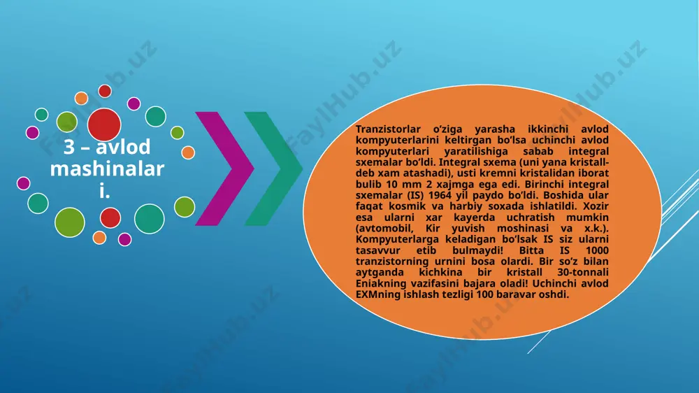 'minot va xizmatlar paydo bo'ldi. axborot texnologiyalari hayotimizning ajralmas qismiga aylandi. axborot texnologiyalari sohasida asosiy uchta platforma quyidagilardir: mobil platformalar ijtimoiy tarmoqlar platformalari bulutli hisoblash platformalari mobil platformalar - bu ios va android kabi smartfon va planshet operatsion tizimlari. ular millionlab mobil ilovalar ishlashi uchun asos bo'lib xizmat qiladi. mobil qurilmalar axborot almashish va onlayn xizmatlardan foydalanish imkonini beradi. ijtimoiy tarmoqlar platformalari - facebook, instagram, twitter kabi ijtimoiy tarmoqlar odamlar o'rtasida aloqa o'rnatish uchun mo'ljallangan. ular foydalanuvchilarning bir-biri bilan bog'lanishi, ma'lumot almashishi va hamkorlik qilishlariga yordam beradi. bulutli hisoblash platformalari - amazon web services, microsoft azure kabi bulut platformalari axborotni uzoq masofadan saqlash va qayta ishlash imkonini beradi. bulut elastic resurslar taqdim etadi va xarajatlarni tejashga yordam beradi. ushbu uchala platforma birgalikda yangi avlod axborot texnologiyalari ekotizimini tashkil qiladi. ular raqamlashtirish, ma'lumotlarni tahlil qilish va yangi xizmatlarni yaratish uchun zamin yaratmoqda. bulutli texnologiyalar axborot texnologiyalari sohasida juda muhim ahamiyatga ega. …