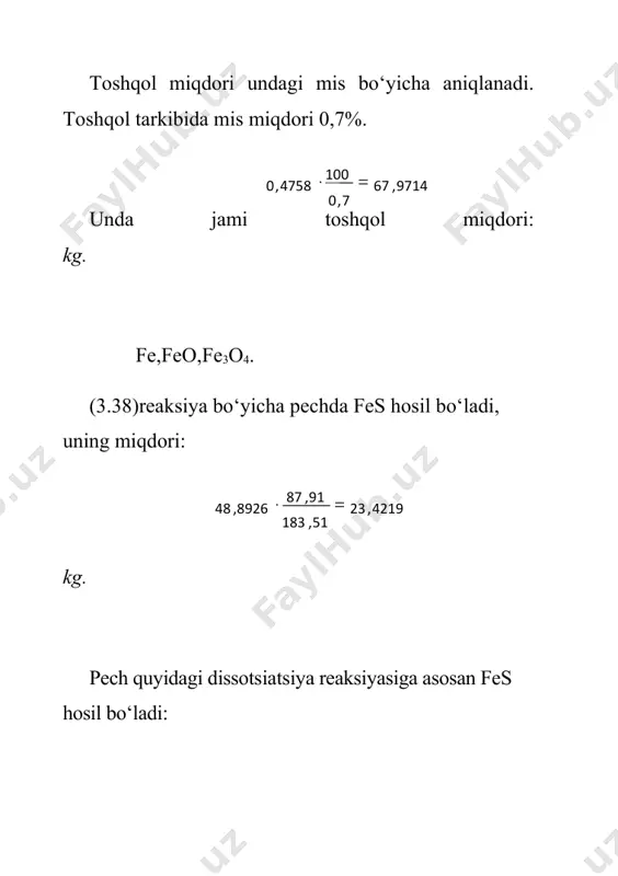 lus purkash jami shteyn tashlanma toshqol chang gazlar va hokazo jami qattiq holdagi shixtaning fizikaviy issiqligi qattiq holdagi shixta pechga normal haroratda, o‘rta osiyo mintaqalari uchun +250c haroratda yuklanadi, deb qabul qilinadi. asosiy kom​ponentlar: cu2s, cufes2, fes, fe2o3, al2o3 va sio2 bo‘yicha shix​​taning o‘rtacha solishtirma issiqlik sig‘imi hisoblanadi. buning uchun bu birikmalarning o‘rtacha solishtirma issiqlik sig‘imi ko‘rsatkichlaridan foydalaniladi: miqdori, kkal/kg0c: miqdorlari: cufes2+cus=48,8926+2,830=51,7226 kg. fes=26,8312 kg. fe2o3=4,802+2,4714=7,2734 kg. sio2=4,851+12,6188=17,4698 kg. al2o3=1,0372 kg. kkal/kg0c. qolgan birikmalarning solishtirma issiqlik sig‘imi asosiy birikma​lar​ning solishtirma issiqlik sig‘imiga teng, deb qabul qilinadi. qattiq holdagi shixta yordamida beriluvchi issiqlik miqdori: 0,1873 ∙ 25 ∙ (100 +17,2861)=549,1921 kkal. shteynning fizikaviy issiqligi tashlanma toshqolning erish harorati isitilishini hisobga olib, tashlanma toshqol harorati 12000c deb qabul qilinadi. odatda shteyn harorati toshqol haroratidan 50–700c pastroq. u 11500c deb qabul qilinadi. bunday haroratda tarkibida 40% mis bo‘lgan shteynda 220 kkal/mol issiqlik miqdori ajralib chiqadi. shteyn bilan chiqib ketuvchi issiqlik miqdori: 220 ∙ …