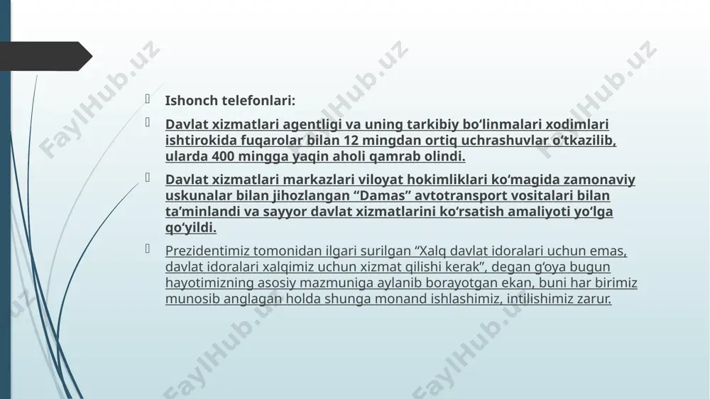 lahat berib borishi va mazkur xizmat shu yil 15-fevraldan boshlab test rejimida ishga tushirilishi ko‘zda tutilgan. yuqorida ta’kidlab o‘tilganidek, murojaatlarning salmoqli qismini huquqiy axborot yoki ma’lumot olish maqsadida yuborilgan murojaatlar tashkil etadi. fuqarolar hayotda uchraydigan turli-tuman masalalarda huquqiy maslahat olish uchun ham virtual qabulxonaga murojaat qilar va murojaat ko‘rib chiqilib, javobi murojaatchiga etib borgunicha anchagina vaqt talab qilinar edi. «onlayn maslahatchi» xizmati virtual qabulxona orqali savol yuborib, onlayn rejimda yuridik ma’lumotga ega bo‘lgan mutaxassislardan tezkor huquqiy maslahat olish imkoniyatini taqdim etmoqda. endilikda u yoki bu masala bo‘yicha huquqiy axborot olish uchun bir necha kun javob xati kelishini kutish zarurati qolmaydi. bu o‘z navbatida, portalda ro‘yxatga olinayotgan, faqat huquqiy ma’lumot olish nazarda tutilgan murojaatlar soni qisqarishiga, davlat organlarida boshqa turdagi murojaatlar bilan ishlash sifati oshishiga xizmat qiladi. jismoniy va yuridik shaxslarning huquqiy ma’lumot olishga bo‘lgan ehtiyojlari tezkor ravishda ta’minlanishiga erishiladi. “onlayn maslahatchi” moduli orqali ko‘p beriladigan savollar muntazam tahlil qilinib, shu …