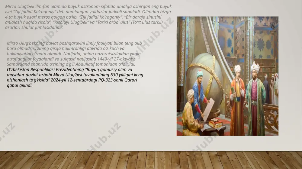 berganki, u hozirgi paytda ham yulduzlar bilimi sohasida dunyoning eng buyuk asarlaridan biri sanaladi. ushbu asar 1665-yilda oxfordda thomas hyde tamonidan, 1843-yilda fransiya bailly tamonidan va 1917-yilda edward ball knobel tamonidan yangidan tahrirlanib bosilgan. ulugʻbek undan keyin bir yilni 365 kun, 5 soat, 49 daqiqa va 15 sonya deb belgilagan. ulugʻbek ushbu hisobida faqatgina 25 soniya xato qilgan ekan. undan boshqa ulugʻbek yer yuzini oʻrtalik kajligini 23.52 daraja deb belgilagan va bu yuz yillar davomida eng toʻgʻri va aniq oʻlcham deb topilgan astronomiya (yulduzlar bilimi) mirzo ulugʻbek sharafiga sssr pochta markasi. xotira 1930-yilda tashkil etilgan kitob xalqaro kenglik stansiyasiga ulugʻbek nomi berilgan[16]. oʻzssr fanlar akademiyasi akademigi t.qori-niyoziy 1950-yilda „ulugʻbek astronomik maktabi“ monografiyasini yozdi va buning uchun 1952-yilda stalin mukofotiga sazovor boʻldi. akademik i. m. moʻminov tashabbusi bilan 1969-yil aprel oyida toshkentda mirzo ulugʻbek tavalludining 575-yilligiga bagʻishlangan yubiley ilmiy anjumani boʻlib oʻtdi. 1970-yilda samarqandda ilk bor ulugʻbek haykali oʻrnatildi. mirzo ulugʻbek …