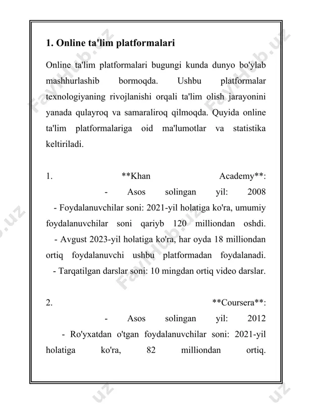 yordamida bilim darajasini oshirish 65% ga yetdi. 2. **onlayn platformalar va dasturlar**: - dunyoda mavjud bo‘lgan ta’lim platformalaridan 85%i interaktiv elementlarni o‘z ichiga oladi. - 2021 yilda, o‘quvchilar orasida eng ko‘p foydalanilgan 10 ta platformalardan 7 tasi zamonaviy interaktiv texnologiyalarni qo‘llab-quvvatlagan. 3. **foydalanuvchi tajribasi**: - interaktiv materiallardan foydalanayotgan o‘quvchilar, an’anaviy materiallarga qaraganda 50% ko‘proq bilimlarni o‘zlashtirishi ta’kidlanadi. - 75% o‘qituvchilar interaktiv materiallardan foydalanish orqali darslardagi ishtirok faolligini oshirganligini bildiradi. 4. **interaktiv materiallarning afzalliklari**: - kognitiv rivojlanish darajasida 60% ortish kuzatilgan. - sinflarda darslarning vaqtini samarali taqsimlashda ma'lum bir o‘quv auditoriyasida foydalanish 80% foyda keltirgani isbotlangan. - bolalar va talabalarning muvaffaqiyat darajasida 40% ortish kuzatilmoqda, ayniqsa, o‘quvchilarga qo‘l yetkazilishi qiyin bo‘lgan sohalarda. 5. **texnologiyalar va vositalar**: - o‘quv materiallarida foydalaniladigan zamonaviy texnologiyalar, ayniqsa, virtual haqiqat (vr) va qo‘shilgan haqiqat (ar) texnologiyalari minglab sinf xonalarida qo‘llaniladi. - 2023 yil taxminlariga ko‘ra, ar va vr texnologiyalari bilan boyitilgan interaktiv materiallarga bo‘lgan talab 30% …