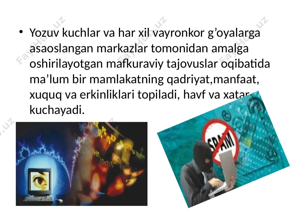 lik holatini anglatadi. axborot xavfsizligi – ko‘p qirrali faoliyat sohasi bo‘lib, unga faqat tizimli, kompleks yondashuv muvaffaqiyat keltirishi mumkin. ushbu muammoni hal etishda huquqiy, ma’muriy, protsedurali va dasturiy-texnik choralarni qo‘llaniladi. bugungi kunda axborot xavfsizligini ta’minlaydigan uchta asosiy tamoyil mavjud: 1. ma’lumotlar butunligi – axborotni yo‘qotilishiga olib keluvchi buzilishlardan, shuningdek ma’lumotlarni mualliflik huquqi bo‘lmagan holda hosil qilish yoki yo‘q qilishdan himoya qilish; 2. axborotning konfedensialligi. axborot va uning tashuvchisining holatini belgilaydi va unda axborot bilan ruxsatsiz tanishishning yoki uni ruxsatsiz hujjatlashtirishning (nusxa ko‘chirishning) oldini olish ta’minlangan bo‘ladi; 3. foydalanish huquqlariga (mualliflikka) ega barcha foydalanuvchilar axborotdan foydalana olishliklari. umumjahon axborot globallashuvi jarayonlari axborot-kommunikatsiya texnologiyalarini nafaqat mamlakatlar iqtisodiyoti va boshqa sohalariga joriy etish, balki axborot tizimlari xavfsizligini ta’minlashni ham taqozo etayotir. o‘zbekiston axborot va kommunikatsiya texnologiyalari sohasidagi xalqaro xavfsizlik tizimiga markaziy osiyoda birinchilardan bo‘lib qo‘shildi. axborot xavfsizligining milliy xavfsizlik tizimidagi o‘rni. xxi asrda shaxs, jamiyat va davlat taraqqiyotida axborot resurslari va texnologiyalarining rolini …
