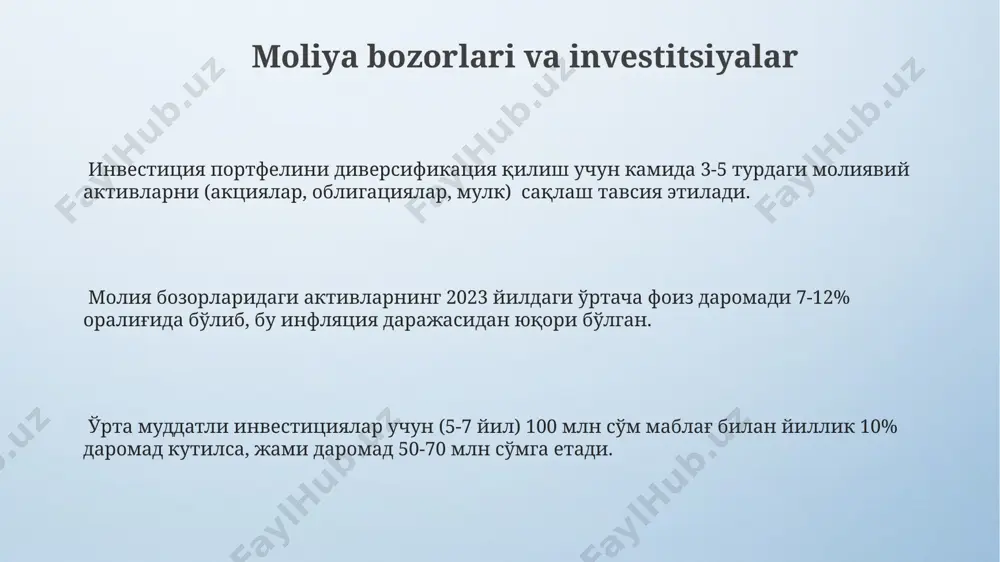% dan yuqori), likvidlik (1,5 dan yuqori) va to'lov qobiliyati kabi omillarni tahlil qilishni o'z ichiga oladi. davlat moliyasi va byudjet o'zbekiston respublikasining davlat byudjeti daromadlar va xarajatlarning muvozanatiga erishishga harakat qiladi, 2024 yil uchun prognoz ko'rsatkichlariga ega. soliq tushumlari davlat moliyasining asosiy manbai hisoblanadi va yaimning 25-30% ni tashkil etadi, byudjetning mustahkamligiga ta'sir ko'rsatadi. davlat moliyasi mamlakatning iqtisodiy faoliyatining 50% dan ortiq qismini qamrab oladi va jamiyatning ijtimoiy-iqtisodiy rivojlanishida muhim rol o'ynaydi. moliyaning iqtisodiyotdagi roli inflatsiya darajasi va valyuta kursi kabi makroiqtisodiy ko'rsatkichlar moliya siyosatining ta'siri ostida bo'lib, ularning 2-3% oralig'ida ushlab turilishi iqtisodiy barqarorlikni kafolatlaydi. moliyaning iqtisodiyotdagi asosiy funksiyalaridan biri – resurslarni samarali taqsimlash boʻlib, bu yalpi ichki mahsulotning (yaim) oʻsishiga 15-20% gacha hissa qoʻshishi mumkin. moliyaviy bozorlarning faoliyati, ya'ni kreditlash va investitsiyalar hajmi, milliy iqtisodiyotning barqaror rivojlanishiga sezilarli darajada ta'sir ko'rsatib, o'rtacha 5-7% daromad o'sishini ta'minlaydi. buxgalteriya hisobi va moliyaviy hisobot kichik va o'rta biznes korxonalari uchun …
