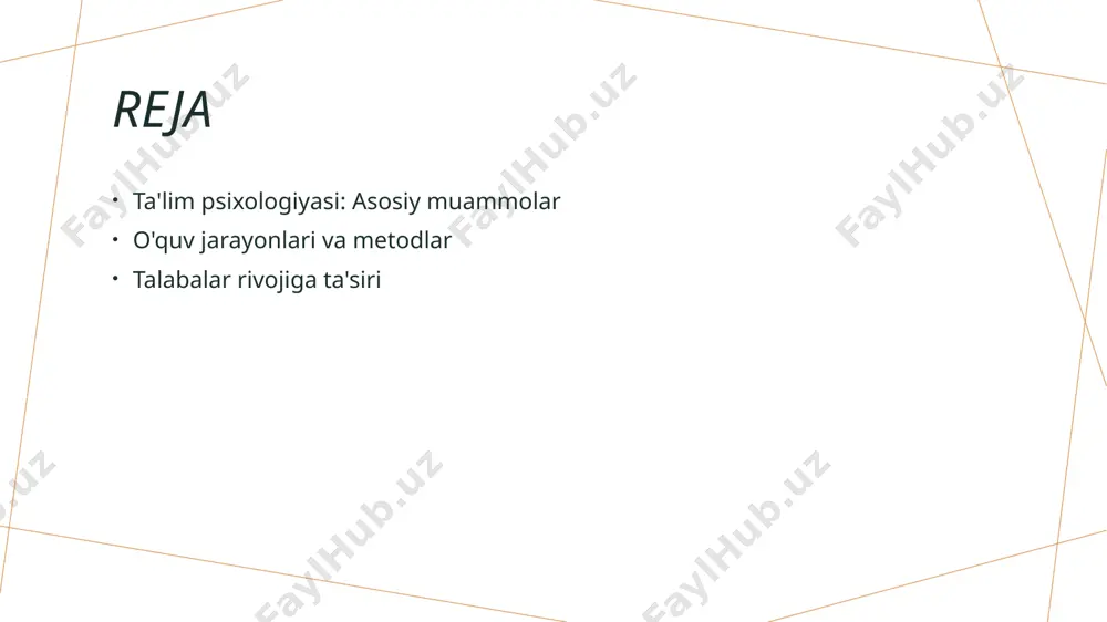 z muloqot o'quv jarayonini sekinlashtiradi va talabalarning qiziqishini pasaytiradi. 3 innovatsion yechimlar innovatsion pedagogik yondashuvlar, masalan, interaktiv darslar va texnologiyalarni qo'llash, o'quv jarayonini yanada samarali qiladi va talabalarning qiziqishini oshiradi. o'quv jarayonlarining samaradorligini oshirish usullari. 1 o'qitish metodlari - o'qitish metodlarining xilma-xilligi o'quv jarayonlarini samarali qilishda muhimdir. interaktiv darslar va guruh ishlarini qo'llash, talabalar faolligini oshiradi. 2 texnologiyalardan foydalanish - zamonaviy texnologiyalar, masalan, onlayn platformalar va taqdimot dasturlari, o'quv jarayonlarini yaxshilashda samarali vosita hisoblanadi. ular talabalar bilan muloqotni rivojlantiradi. 3 individual yondashuv - talabalar ehtiyojlariga mos individual yondashuv, ularning o'qish motivatsiyasini oshiradi. differensial o'qitish metodlari orqali har bir talabaning rivojlanishi ta'minlanadi. o'qitish metodlarining talabalarga ta'siri va ahamiyati. 1 o'qitish metodlari - o'qitish metodlari, ta'lim jarayonida o'quvchilarga bilim berish va ko'nikmalarni rivojlantirishda muhim rol o'ynaydi. har bir metod o'ziga xos xususiyatlarga ega. 2 talabalarning anglashi - o'qitish metodlari talabalarning mavzuni qabul qilish va tushunish darajasini belgilaydi. misol uchun, interaktiv usullar talabalar …