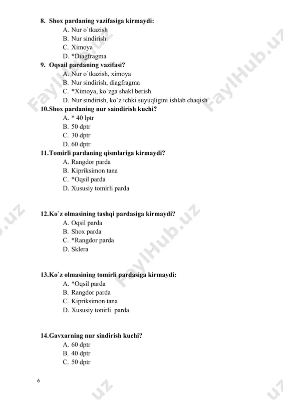 indirish c. akkomodatsiyada ishtirok ewtish d. *ko`zga shakl berish 19. shishasimon tananing vazifasiga kirmaydi? a. ko`zga shakl berish b. ichki pardani o`z joyida ushlab turish c. nur sindirish d. *akkomodatsiyada qatnashish 20. ko`zning yumilmay qolishi nima deyiladi? a. midriaz b. mioz c. *lagoftalm d. afakiya 21. ko`z qovog`ining vazifasi nima? a. *ko`z olmasini tashqi muxitdan ximoya qilish b. ko`zga shakl berish c. qorachig`ga rang berish d. akkomodatsiyada ishtirok etish 22. qovoqda nima yo’q? a. muskul; b. teri; c. tog’ay; d. *kon'yunktiva; 23. gavhar vazifasiga kirmaydi: a. nur sindirish; b. akkomodatsiya; c. *ko’z ichi suyuqligini ishlab chiqarish; d. nur o’tkazish. 24. orbitaning chuqurligi kattalarda: a. 6 sm; b. *5 sm; c. 3 sm; d. 7 sm; 25. rangdor pardada nima yo’q? a. relyef; b. rang; c. teshik; d. *nervlar. 26. gavharda nima yo’q? a. kapsula; b. epiteliy; c. yadro; d. *tomirlar 27, nechta ko’zni harakatlantiruvchi muskul mavjud? a. ikkita; b. to’rtta; …