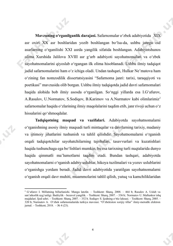 ishlari mumkin, bu esa tarixning turli nuqtalarida dunyo haqida qimmatli ma’lumotlarni taqdim etadi. bundan tashqari, adabiyotda sayohatnomalarni oʻrganish adabiy uslublar, hikoya tuzilmalari va yozuv uslublarini oʻrganishga yordam beradi. jadid davri adabiyotida yaratilgan sayohatnomalarni oʻrganish orqali davr muhiti, muammolarini tahlil qilish, yutuq va kamchiliklaridan boxabar boʻlish, ushbu janrning adabiyotga taʼsirini aynan shu asarlar misolida oʻrganish tadqiqot maqsad va vazifalarini tashkil etadi. tadqiqot obyekti. tadqiqot obyektlari sifatida abdulla avloniyning “afg‘on sayohati”, mahmudxoʻja behbudiyning “qasdi safar”, abdulhamid choʻlponning “yo‘l esdaliklari” hamda “vayronalar orasidan”, abdurauf fitratning “hind sayyohi”, hoji muinning “kattaqo‘rg‘on xotiralari” kabi asarlari tanlangan. tadqiqot predmeti. jadidlar davri adabiyotida yaratilgan sayohatnomalarni oʻrganish, tahlil qilish, shuningdek, undagi ilmiy, ijtimoiy, ma’naviy, ma’rifiy ma’lumotlarni badiiy va publitsistik talqin uyg‘unligidagi tadrijiy taraqqiyotini o‘rganish tashkil etadi. tadqiqotning ilmiy yangiligi. ushbu ilmiy tadqiqot nafaqat jadid davri adabiyotidagi yangi janrga xos asarlarni tahlil etadi, balki ularni oʻrgatish boʻyicha eng samarali usullarni oʻrganadi. oʻquvchilarda jadidchilik harakatiga, jadidlar davrida yaratilgan safarnoma janridagi …