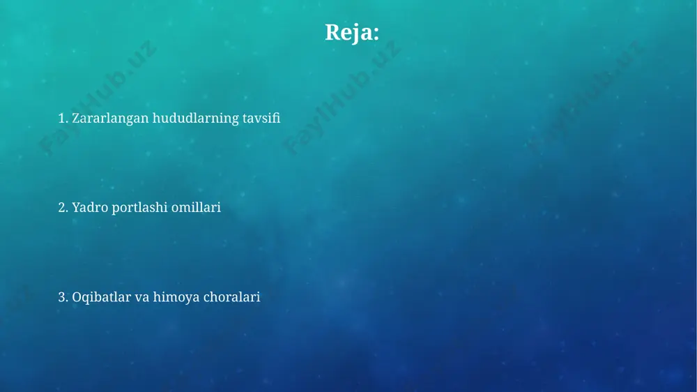 i darajada yuqori bo'ladi. profilaktika choralari profilaktika choralari doirasida o'tkaziladigan treninglar va seminarlar soni yiliga kamida 20 ta bo'lib, ularga 500 dan ortiq kishi qatnashadi, bu esa keng qamrovli ta'sirga ega bo'lishini ta'minlaydi. profilaktika choralari samaradorligini baholash uchun 3 bosqichli monitoring tizimi qo'llaniladi, bu esa dasturning ta'sirini ob'ektiv va aniq baholash imkonini beradi. beshinchi zona ushbu zonada 50% dan ortiq o'simliklar nobud bo'ladi, tuproqning radioaktiv ifloslanishi 10 kyuridan yuqori bo'lib, qishloq xo'jaligi mahsulotlarini iste'mol qilish taqiqlanadi. beshinchi zonada o'rtacha 200-500 greydan yuqori nurlanish dozasini olgan odamlarning o'lim ehtimoli juda yuqori va uzoq muddatli tibbiy yordam talab etiladi. ikkinchi zona ikkinchi zona hududida, 10 km radiusga yaqin, tuproq va o'simliklar yuqori darajada radioaktiv ifloslanishga uchraydi, bu esa dekontaminatsiya ishlarini talab qiladi va qishloq xo'jaligi mahsulotlarining iste'molga yaroqsiz bo'lishiga olib keladi. ikkinchi zonadagi binolar juda kuchli zararga uchramagan bo'lsa-da, radioaktiv chang va zarar etkazilgan materiallar tufayli yashashga yaroqsiz holatda bo'lishi mumkin, tozalash …