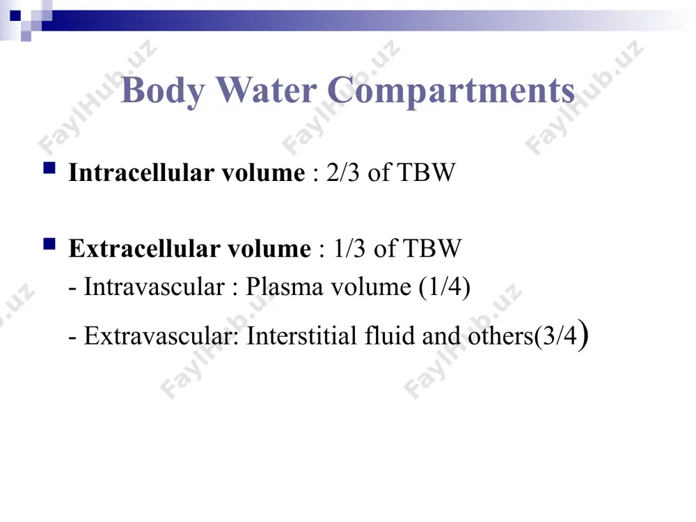 s risk of causing phlebitis, necrosis, hemolysis. complications : precaution in pt. with chf severe renal insufficiency, edema with sod. retention. dextrose 5% dextrose (often written d5w) 50g/l of glucose, 252mosm/l, ph 4.5 regarded as ‘electrolyte free’ – contains no sodium, potassium, chloride or calcium indication : primarily used to maintain water balance in patients who are not able to take anything by mouth; commonly used post-operatively in conjunction with salt retaining fluids ie saline hypernatremia treatment – think of it as ‘sugar and water’ 12 when infused is rapidly redistributed into the intracellular space; less than 10% stays in the intravascular space therefore it is of limited use in fluid resuscitation. side effects: iatrogenic hyponatraemia in surgical patient ringer lactate most physiological solution electrolyte composition similar to ecf one litre of lactated ringer's solution contains: sodium ion= 130 mmol/l. chloride ion = 109 mmol/l. lactate = 28 mmol/l. potassium …