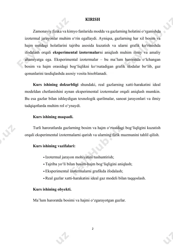 . eksperimental izotermalarni aniqlash usullari. 1.1.laboratoriya sharoitida bosim va hajmni o‘lchash. biz ideal gaz molekulyar-kinetik nazariyasini o`rganganimizda gaz zarralarini (molekulalarini) elastik sharlarga o`xshagan va tartibsiz harakatlanuvchi molekulalardan iborat deb hisoblagan edik. molekulalar orasidagi kuchlar faqat ular bir-biriga urilgandagina ta`sir qiladi va bu kuchlar itarishish elastik kuchlardir. molekulalarning o`lchamlari molekulalar orasidagi o`rtacha masofaga nisbatan nazarga olmasa bo`ladigan darajada kichik deb hisoblanadi. bu model ideal gaz boyl mariott, gey-lyussak qonunlariga aniq bo`yso`nadigan gazga mos keladi. ammo, biz aytib o`tganimizdek real gazlar bu qonunlarga faqat taqriban bo`yso`nadi. yuqori bosimlarda hamma gazlar ham boyl-mariott qonuniga bo`yso`nmay qo`yadi. molekulalarni sharlar deb hisoblar ekanmiz, ularning radiuslari 10-8 sm chamasidagi kattaliklar deb olishimiz kerak. bunda bir dona molekulaning hajmi: normal sharoitdagi 1 cm3 gazda n0=31019 dona molekula bor. demak 1 sm3 hajmda bo`lgan barcha molekulalarning jami hajmi ga teng. ya`ni bosim va 0os temperaturadasi gaz molekulalarining hajmi gaz hajmining taxminan o`n mingdan bir qisminigina egallar ekan. agar …