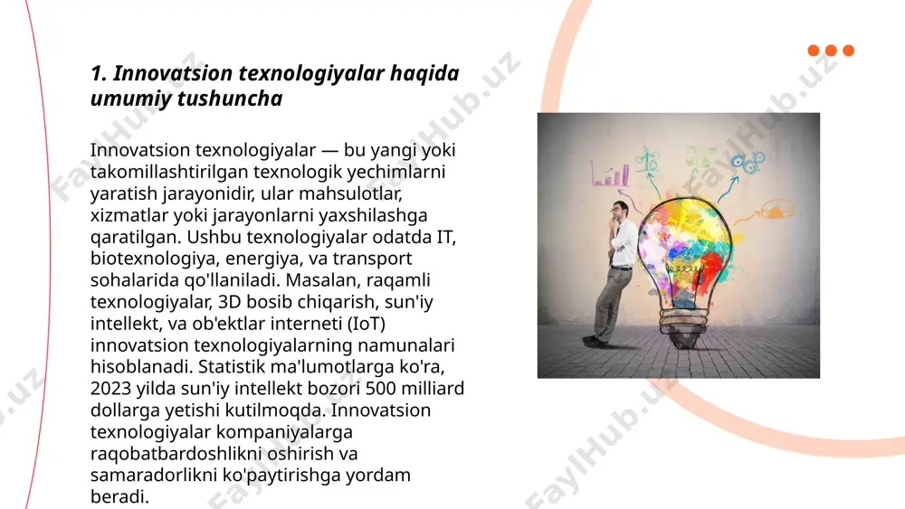 rini ishlab chiqish jarayonini 50 foizga tezlashtirishga yordam bermoqda. ... t.me/slaydai_bot ta'lim texnologiyalari va innovatsion metodlar bugungi kunda o'qitish jarayonini sezilarli darajada o'zgartirmoqda. o'zbekistonda 2025-yilga borib har bir maktabda raqamli resurslardan foydalanish ko'payishi kutilmoqda. 2020-yilda 1000 dan ortiq maktabda elektron ta'lim tizimlari joriy etildi. shuningdek, 10 mingdan ortiq o'qituvchi zamonaviy pedagogik texnologiyalar bo'yicha malaka oshirdi. innovatsion metodlar, masalan, robototexnika va 3d texnologiyalar 200 ga yaqin ta'lim muassasalarida qo'llanilmoqda. 2023-yilda 30% talim dasturlari internet platformalarda taqdim etildi. bu raqamlar innovatsion metodlar hajmini va turli xil texnologiyalarning kuchayib borayotgan ta'sirini aks ettiradi. ... t.me/slaydai_bot 7. kichik biznes uchun innovatsion imkoniyatlar kichik bizneslar uchun innovatsion imkoniyatlar turli yo'nalishlarda kengaymoqda. statistika ma'lumotlariga ko'ra, o‘zbekistonda 2022-yilda kichik korxonalar yalpi ichki mahsulotning 56 foizini tashkil qilgan. texnologik rivojlanish va raqamli transformatsiyalar yangi biznes modellarini yaratishga imkon beradi. elektron tijorat bozori yildan-yilga 20% ga o‘smoqda va bu kichik bizneslar uchun katta imkoniyatdir. shuningdek, innovatsion yondashuvlar orqali marketing, …