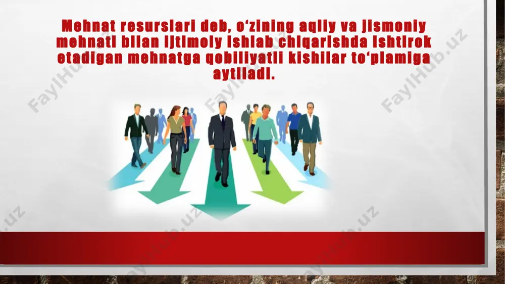 kibidagi ishlashga talabgor boʻla turib ish topa olmaganlar ishsizlar hisoblanadi "mehnat resurslarini shakllantirish" deganda esa mehnat resurslarining doimiy ravishda yangilanib turishi tushuniladi mehnat resurslari qanday shakllanishini aniqlash uchun : 1-mehnat resurslarini 3 ta yirik yosh guruhlari bo‘yicha -mehnatga layoqatli kishilar, mehnatga layoqatli kishilardan yoshroq va mehnatga layoqatli yoshdan kattaroq kishilarni; 2-har bir guruh aholi soniga, uning o‘zgarishiga ta’sir qiluvchi omillarni; 3-mehnat resurslari va aholining tabiiy va mexanik o‘zgarishdagi umumiy va o‘ziga xos tomonlarni ko‘rib chiqiladi. mehnat resurslarining aksariyat qismini mehnat qilishga layoqatli yoshdagi mehnatga qobiliyatli aholi tashkil etadi. shuning uchun ham mehnat resurslarining dinamikasiga xos xususiyatlar ko‘proq darajada mehnatga layoqatli yoshdagi aholi bilan bog‘liqdir. inson resurslari sifati ruҳiy fiziologik xolati шaxsiy sifatlari soni мalaka darajasi e`tiboringiz uchun rahmat!!! image4.jpg image5.jpg image6.jpg image7.jpg image3.jpg