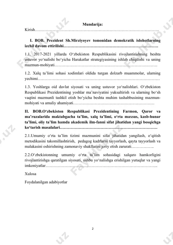 ‘zbekiston keyingi yillarda shiddatli islohotlar davrini boshdan kechirmoqda. barcha jabxalarda haqiqiy uyg‘onish va taraqqiyot davri boshlandi . bu davrni “yangi o’zbekiston tarixi” deb atash mumkin muhtaram prezidentimiz shavkat mirziyoyev boshlab bergan o‘zbekiston taraqqiyotining yangi bosqichi jaxon hamjamiyati tomonidan ham e’tirof etilmoqda. ana shu shiddatli islohotlar va o‘zgarishlar bilan bir qatorda el-yurt, xalqning porloq kelajagi kafolati bo‘lgan barkamol avlod tarbiyasiga ham katta e’tibor qaratilmoqda. o‘zbekiston respublikasi prezidenti shavkat mirziyoyev mamlakatimizda islom karimov davrida boshlangan islohotlarni qat’iy davom ettirishga kirishdi. 2016 yil 8 sentabrda o‘zbekiston respublikasi oliy majlisi qonunchilik palatasi va senatining qo‘shma majlisida “milliy taraqqiyot yo‘limizni qat’iyat bilan davom ettirib, yangi bosqichga ko‘taramiz” mavzusidagi nutqida bu haqida atroflicha to‘xtalib o‘tdilar va 6 ta ustuvor vazifalarni belgilab berdilar: · makroiqtisodiy barqarorlikni yanada mustahkamlash va keyingi yillardagi iqtisodiy o‘sish suratlarni saqlab qolish, milliy valyutamiz barqarorligini ta’minlash, bank tizimini mustahkamlash, byudjet barqarorligini ta’minlash hamda chetdan qarz olish bo‘yicha konservativ yondashuv siyosatini davom ettirish , …