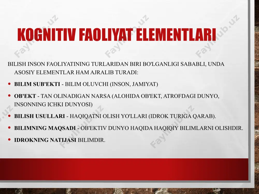 hamma narsani anglatadi, ya'ni. uning tashqi ta'sirlarni his qilish, idrok etish, aks ettirish, nimanidir boshdan kechirish va tushunish qobiliyati. misol : charlz darvin yuqori sutemizuvchilarning hayoti haqidagi faktlarni to'pladi nazariy daraja - umumiy qonuniyatlarni shakllantirish, yaxlit ilmiy nazariyani yaratish, keyin esa dunyoning umumiy ilmiy rasmini shakllantirish. misol : olingan faktlarga asoslanib, charlz darvin inson kelib chiqishining evolyutsion nazariyasini shakllantirdi. ilmiy bilim darajalari daraja empirik nazariy mohiyat bilimlar faktlarni aniqlash uchun haqiqiy o'rganish ob'ekti bilan bevosita o'zaro ta'sir qilish orqali olinadi. bilim allaqachon ma'lum bo'lgan qonunlar va dogmalarga tayangan holda yanada oqilona yondashuv orqali olinadi. shakllar ilmiy fakt - bu hodisa yoki jarayon haqidagi ishonchli ma'lumot. misol : oy yerning sun'iy yo'ldoshidir empirik qonun - haqiqiyligi eksperimental ravishda aniqlangan qonun. misol : guk qonuni (qattiq jismning elastik deformatsiyasi va qo'llaniladigan mexanik kuchlanish o'rtasidagi chiziqli bog'liqlikni o'rnatadi), muammo - bu hal qilishni talab qiladigan narsani o'rganishda qarama-qarshi pozitsiyalarning to'qnashuvi misol : xalqaro …