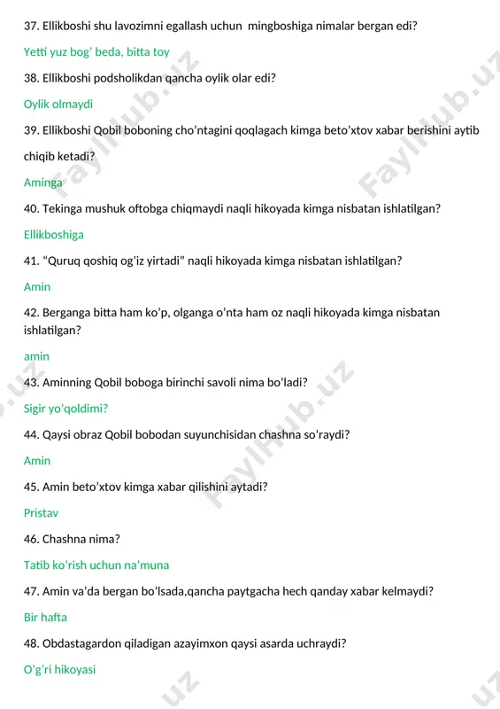 bek shoirlari va xattotlari kelib yurganini es-es bilaman” ushbu fikrlar kimga tegishli? g’afur g’ulom 73. otasi qanday taxalluslar bilan she’rlar yozgan? “mirzo” “g’ulom” 74. yana qaysi qarindoshi ham she’r yozishini xotirlaydi? amakisi 75. ota onasidan necha yoshida yitim qoladi? 9 yoshda otasidan =15 yoshda onasidan 76. “kirmagan eshigim, qilmagan xizmatim, tutinmagan ishim qolmadi. etikdo’z kosibga shogird tushdim, bo’lmadi. birovning aravasini minib qishloqqa qatnadim, bo’lmadi...” ushbu parcha kim haqida ? g’afur g’ulom 77. g’afur gulom qaysi oliy o’quv yurtida o’qiydi? hech qaysi. 8 oylik muallimlar tayyorlov bilim yurtida o’qiydi, xolos 78. “shum bola” asarida qaysi davr tasvirlangan? xx asr toshkent atrofidagi qishloqlarda sodir bo’lgan voqealar 79. “ shum bola” asarining janri nima? qissa 80. asr so’zining ma’nosi nima? kunning tushdan keyingi payti 81. shom so’zining ma’nosi? quyosh botayotgan payt 82. oqin nima? oqim 83. “osmon uzoq, yer qattiq edi” ushbu maqol qaysi asarda uchraydi? “shum bola” (“bemor” hikoyasining epigrafi) 84. shum …