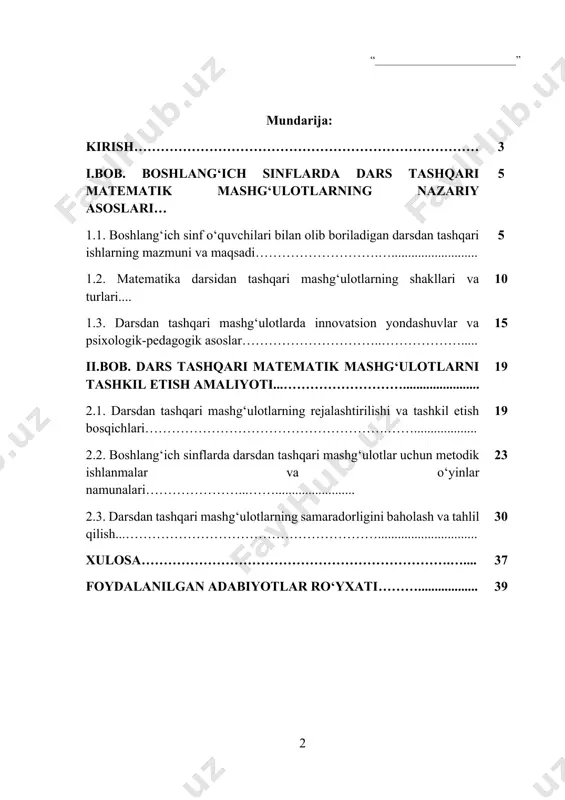 sa, matematika fanini o‘qitishda darsdan tashqari mashg‘ulotlar o‘quvchilarda mustaqil fikrlash, mantiqiy xulosa chiqarish, ijodiy yondashuv va qiziqishni oshirishda muhim rol o‘ynaydi. boshlang‘ich ta’lim bosqichi o‘quvchilarning tafakkurini shakllantirish, bilimga bo‘lgan munosabatini belgilovchi poydevor davri bo‘lganligi bois, matematika darsidan tashqari mashg‘ulotlarni to‘g‘ri tashkil etish ta’lim-tarbiyaning samaradorligini oshirishda muhim ahamiyatga ega. kurs ishining dolzarbligi - bugungi kunda ta’lim tizimida yuksak sifat ko‘rsatkichlariga erishish, o‘quvchilarning mustaqil fikrlashi, kreativ yondashuvi va mantiqiy tafakkurini rivojlantirish dolzarb masalalardan biri bo‘lib qolmoqda. ayniqsa, matematika fanining boshlang‘ich sinf bosqichida berilishi va uning o‘zlashtirilishi butun o‘quvchining keyingi ta’lim jarayoniga kuchli poydevor bo‘lib xizmat qiladi. mazkur bosqichda o‘quvchilarda matematik bilim va ko‘nikmalarni shakllantirishda faqat dars bilan cheklanib qolmasdan, balki darsdan tashqari mashg‘ulotlarni tashkil etish orqali ta’lim samaradorligini oshirish imkoniyati mavjud. darsdan tashqari mashg‘ulotlar o‘quvchiga qo‘shimcha bilim olish, erkin fikrlash, ijodiy yondashish, guruhda ishlash, savol-javob qilish, muammo yechishga urinish, o‘zini baholash va taqqoslash imkonini beradi. shu sababli, ushbu kurs ishining mavzusi o‘zining …