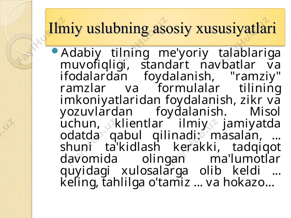 tik tuzilmalari kontseptual tarkibni ifodalaydi, shuning uchun yozuvchi olimning standarti - bu so'zning turiga to'liq jumlalar jumlasiga kiradi, uning qismlari o'rtasida ittifoqchilik aloqasi, uslubiy jihatdan neytrallik va so'zning normativ tartibi bilan neytral bo'ladi: zoopsixologlar uzoq, qat'iy va muvaffaqiyatsiz o'qitishga urinishgan eng rivojlangan antropoid (shimpanziya) ovoz tili. murakkab jumlalar orasida bitta subordinate tuzilmalar ustunlik qiladi: aql va til orasida o'rtasida nutqning funktsional asoslari deb ataladigan oraliq asosiy kommunikativ tizim mavjud. maqola va uning turlari maqola – adabiy yoki ilmiy mazmunda bo‘lib, hajm jihatidan ancha katta bo‘ladi. maqola hayotning muhim va dolzarb masalalariga bag‘ishlanishi yoki ilm-fanning biror sohasini yoritishi mumkin. shunga ko‘ra maqolalar ilmiy, uslubiy, publitsistik kabi turlarga bo‘linadi.maqolalar uch tarkibiy qismdan iborat bo‘ladi: maqola tarkibiy qismlari 1. kirish – bunda tanlangan mavzuning dolzarbligi belgilanadi. 2. asosiy qism – muallif tomonidan rejalangan fikr, muammo yoki yangilik bayon qilinаdi. 3. xulosa – mavzu yuzasidan muallifning xulosalari, tavsiyalari beriladi maqola maqolalar ilmiy yoki publitsistik …