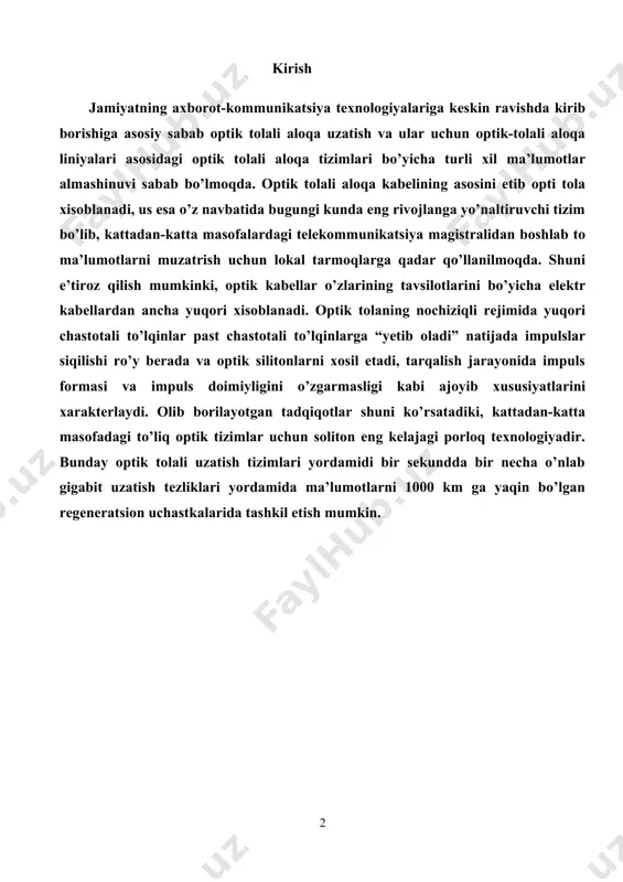r necha o’nlab gigabit uzatish tezliklari yordamida ma’lumotlarni 1000 km ga yaqin bo’lgan regeneratsion uchastkalarida tashkil etish mumkin. passiv optic texnologiyalarining xususiyatlari pon’ning passiv optik tarmoqlari asosidagi daraxtsimon topologiyasidan pon texnologiyasi asosidagi «nuqta — ko‘p nuqta» mantiqiy topologiyasidan foydalaniladi. markaziy tugunning bitta portiga o‘nlab abonentni qamrab oluvchi daraxtsimon arxitektura asosidagi butun boshli optik-tolali segmentni ulash mumkin. bunda daraxtning oraliq tugunlarida manba va xizmat talab qilmaydigan zich, to‘liq passiv optik ajratgichlar(splitterlar) o‘rnatiladi. ko‘p nuqtali daraxtsimon topologiya abonentlar real joylashishini kelib chiqishi, optik kabelni yotqizishdagi xarajat va kabel tarmog‘idagi ekspluatatsiya optik tarmoqlagichlarni joylashishini optimallashtirishga olib keladi. kamchiligiga pon texnologiyasining murakkabligi va oddiy daraxt topologiyasida zahiralashning yo‘qligini kiritish mumkin. pon tarmog‘ining xususiyatlari: • bir tola bo‘ylab bir-biriga qarama-qarshi ikki uzunlikdagi (1550 nm va 1310 nm) to‘lqinni uzatuvchi daraxtsimon arxitektura. • daraxtning oraliq tugunlarida passiv optik tarmoqlagichlar joylashadi. • tdma ulanish usulidan foydalanish abonentlar orasida o‘tkazish polosasini moslashuvchan taqsimlanishiga yo‘l qo‘yadi. • markaziy tugundan …