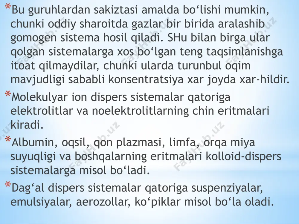 alarni, birinchi navbatda, kolloid eritmalarni olishda hosil bo‘lgan ortiqcha elektrolitlarni yo‘qotish zarur. kolloid eritmalarni tozalash uchun dializ, elektrodializ va ultrafiltratsiya usullaridan foydalaniladi. dializ bu kolloid eritmalarni yarim o‘tkazuvchi membranalardan o‘tish qobilyatiga ega bo‘lgan aralashmalardan tozalash jarayonidir. dializ o‘tkaziladigan asbob – uskunalar dializatorlar deyiladi. bu yo‘l bilan tozalash ko‘p vaqt talab etadi, va jarayon ba’zida haftalab, ba’zan esa oylab davom etishi mumkin, bunga qo‘shimcha yana ko‘p erituvchi sarflanadi. dializ jarayonini tezlatish uchun elektr tokidan foydalanish tavsiya etilgan. elektr tokini ishlatish bilan tezlatilgan dializ jarayoni elektrodializ deb aytiladi. elektorodializdagi vaqt sarfi daqiqa yoki soatlarda o‘lchanib, erituvchining miqdori minimumgacha kamayadi. xozirgi vaqtda elektrodializ usuli biokimyo, tibbiyot va xalq xo‘jaligida ko‘p qo‘llaniladi. zollarni ultrafiltratsiya usuli bilan tozalash maxsus tayyorlangan, hamda ayni dispers faza zarrachalarini o‘tkazmaydigan filtrlar yordamida dispersion muhitdan ajratiladi. chin eritmalarga xos bo‘lmagan xodisa kolloid eritmalardagi nur tutamini tarqatishidir, ya’ni faradey – tindal xodisasi kabi xossalarni kuzatish mumkin. qorong‘u xonada kolloid eritma bor …