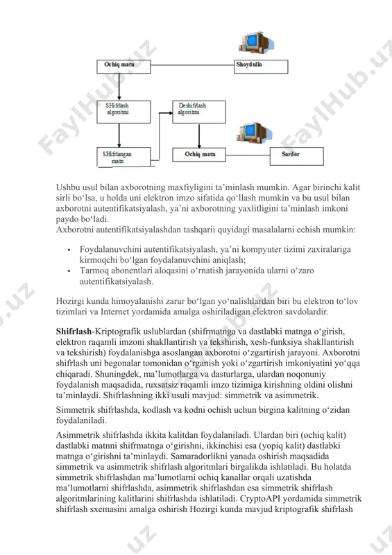 ining o‘zida himoyalashga bo‘lgan talablarni kamaytirish mumkin. endi himoyalash ob’ekti sifatida faqat kalit xizmat qiladi. agar kalitdan nusxa olingan bo‘lsa, uni almashtirish mumkin va bu kodlashtiruvchi kitob yoki jadvalni almashtirishdan engildir. shuning uchun ham kodlashtirish emas, balki shifrlash axborot – kommunikatsiyalar texnologiyalarida keng qo‘lamda qo‘llanilmoqda. sirli (maxfiy) aloqalar soha kriptologiya deb aytiladi. ushbu so‘z yunoncha «kripto» - sirli va «logus» - habar ma’nosini bildiruvchi so‘zlardan iborat. kriptologiya ikki yo‘nalish, ya’ni kriptografiya va kriptotahlildan iborat. kriptografiyaning vazifasi xabarlarning maxfiyligini va haqiqiyligini ta’minlashdan iborat. kriptotahlilning vazifasi esa kriptograflar tomonidan ishlab chiqilgan himoya tizimini ochishdan iborat. hozirgi kunda kriptotizimni ikki sinfga ajratish mumkin: · simmetriyali bir kalitlik (maxfiy kalit); · assimetriyali tizimlarda quyidagi ikkita muammo mavjud: · axborot almashuvida ishtirok etuvchilar qanday yo‘l bilan maxfiy kalitni bir – birlariga uzatishlari mumkin? · jo‘natilgan xabarning haqiqiyligini qanday aniqlasa bo‘ladi? ushbu muammolarning yechimi ochiq kalitli tizimlarda o‘z aksini topdi. ochiq kalitli asimmetriyali tizimda ikkita kalit …