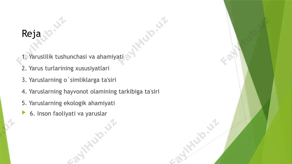 ydi. o`rmon yaruslarining xilma-xilligi ekosistemaning barqarorligini ta'minlaydi. o`rmon yaruslari dashtlarda ham yaruslilik kuzatiladi. biroq o`rmonlarga nisbatan yaruslar soni kamroq. yuqori yarusni baland bo`yli o`tlar egallaydi. ular quyosh nuriga to`la ta'sir qiladi. pastki yarusda esa past bo`yli o`tlar va butalar o`sadi. yer osti yarusimida ildizlar joylashadi. dashtlarda yashash sharoiti qattiq. shuning uchun o`simliklar qurg`oqchilikka chidamli bo`ladi. dasht hayvonlari ham yaruslilikka moslashadi. ba'zi hayvonlar yuqori yarusda yashaydi. ba'zilari esa yer ostida yashaydi. dasht yaruslarining xilma-xilligi ekosistemaning barqarorligini ta'minlaydi. dasht yaruslari cho`llarda yaruslilik kamroq ifodalangan. suvning yetishmasligi tufayli o`simliklar kam. yuqori yarusni ba'zi baland bo`yli butalar egallaydi. pastki yarusda esa kam bo`yli o`simliklar va butalar o`sadi. yer osti yarusimida ildizlar chuqur joylashgan. cho`l hayvonlari ham yashash sharoitlariga moslashgan. ular qurg`oqchilikka chidamli. cho`l hayvonlari asosan kechasi faol bo`ladi. cho`l yaruslarining xilma-xilligi cheklangan. lekin cho`l hayotining barqarorligini ta'minlaydi. cho`l yaruslari suv havzalari ham o`ziga xos yaruslarga ega. suv yuzasida suzuvchi o`simliklar yashaydi. suv ustunida esa …