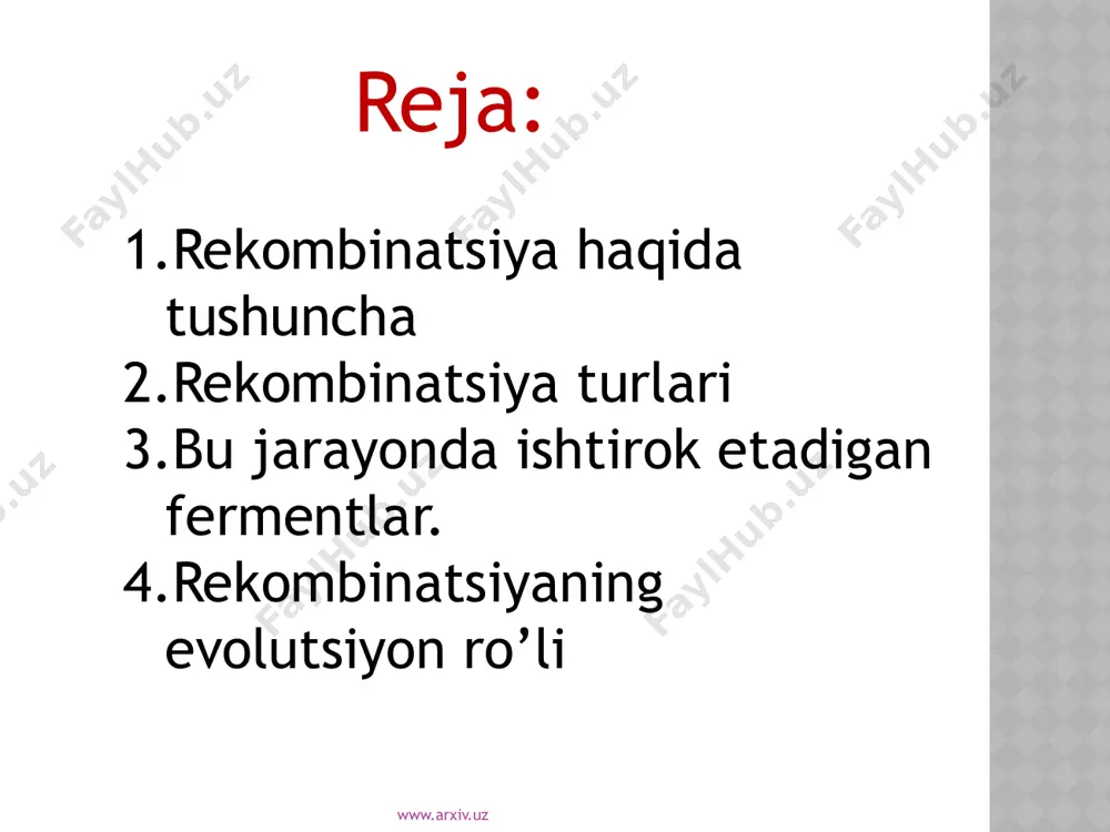 rekompinatsion reksiylarning uch xil sxemsai. а –d-ilmoqning hosil bo`lishi. ikki zanjirli halqasimon dnk va bir zanjirli gomologik dnk orasidagi reaksiya. b – bir zanjirli xalqasimon dnk va chiziqli gomologik dupleks o`rtasidagi reaksiya. c – duplekslardan biri 1 zanjirli uchga ega bo’lgan gomologik duplekslar orasidagi reaksiya reca – oqsilning asosiy vazifasi shuki, u bir zanjirli dnk bilan gomologik dupleksni o’zaro aloqasini ta’minlaydi. www.arxiv.uz recbcd-nukleaza -subbirliklar reca, recb, recd genlar bilan kodlanadi - atf mavjudligida faol - ekzonukleaz faollik : bir va ikki zanjirli dnkni ikkala uchidan gidrolizlaydi - xelikaza faollik: dnk dupleksini echadi -maxsus –sayt endonukleaza sifatida xizmat qiladi: bir zanjirli dnk ni maxsus 8 nukleotidli ketma-ketligiga ega bo’lgan- chi- sayt yonida parchalaydi (5'-gctggtgg-3‘) - reca oqsiliga substrat tayyorlaydi www.arxiv.uz recbcd-nukleaza ishtirokidagi rekombinatsiya sxemasiнуклеазы а – ferment dupleks uchini echa boshlaydi б – 5'- zanjirda ikkinci ilmoq hosil bo’ladi в – ferment zanjirdagi chi saytgacha bo’lgan 4-6 ta nukleotidlar ketma-ketligini uzadi …
