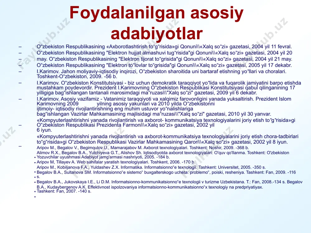 da aniq ma'noga ega tushunchalarni ichiga olgan dalil, voqea, xodisa, predmet, jarayon, taqdimot kabi ob'ektlar xaqidagi informatika va axborot texnologiyalar axborot tushunchasi tuzuvchi: rixsiboyev sobirbek axborot bilimlar majmui, axborot = ma'lumot+ma'no turli ob'ektlarning o'zaro ishlashida ro'y beruvchi aks etish jarayonining aktiv xarakatlarni ta'minlash uchun yaroqli natijalari . qiziqish uyg'otishi mumkin bo'lgan va saqlanishi va qayta ishlanishi lozim bo'lgan jami dalil va ma'lumotlar. aks etilgan xilma xillik. tdtu informatika va axborot texnologiyalari axborot va uning turlari axborot manbalari va iste'molchilarning har xilligi axborot shaklining turli ko'rinishda bo'lishiga olib keladi: belgili – turli ishoraviy belgilardan iborat axborotlar. matnli – xarf, raqam va belgilar to'plamidan tarkib topgan axborot. grafik – tasvirlardan iborat bo'lgan tasavvur ko'rinishidagi axborot belgili tuzuvchi: rixsiboyev sobirbek matnli grafik tdtu texnologiyalari informatika va axborot axborot va uning turlari tuzuvchi: rixsiboyev sobirbek tdtu informatika va axborot texnologiyalari axborotlarni uzatish axborotlarni uzatish turli xil usullarda, ya'ni xabarchi yordamida, pochta orqali, transport vositalari …