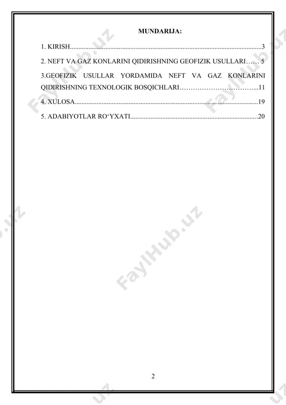 da neft va gazga bo‘lgan talabning ortib borishi, shuningdek, mavjud zaxiralarning kamayishi qidiruv ishlarida yangi texnologiyalardan foydalanishni talab etmoqda. geofizik qidiruv usullari zamonaviy texnologiyalar bilan uyg‘unlashtirilgan holda neft va gaz zaxiralarini aniqlashning tejamkor va samarali usuli hisoblanadi. shuningdek, bu usullar tabiiy resurslarni qidirishda qiyinchiliklarni bartaraf etish, xatolarni minimallashtirish va xarajatlarni qisqartirish imkonini beradi. kurs ishining maqsadi. mazkur ishning asosiy maqsadi – neft va gaz qidiruvining geofizik usullarini o‘rganish, ularning qo‘llanilish texnologiyasi va samaradorligini tahlil qilishdir. shuningdek, bu usullarning qidiruv ishlari samaradorligiga ta’sirini o‘rganish va tavsiyalar ishlab chiqish ham ishning muhim vazifalaridan biridir. kurs ishining vazifalari: 1. geofizik qidiruv usullarining turlari va ularning ishlash tamoyillarini o‘rganish. 2. zamonaviy texnologiyalarning neft va gaz qidiruvda qo‘llanilish jarayonini tahlil qilish. 3. turli geofizik usullarning afzallik va kamchiliklarini aniqlash. 4. amaliy tajribalar orqali geofizik usullarning samaradorligini baholash. kurs ishining amaliy ahamiyati. neft va gaz qidiruvi uchun geofizik usullardan foydalanish qidiruv jarayonining aniqlik darajasini oshiradi va …