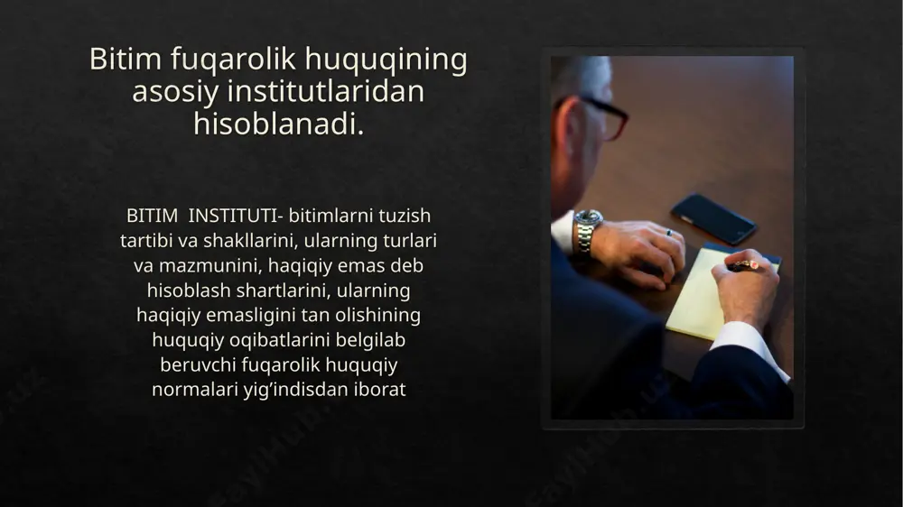 b) notarial idoralarda, shuningdek qonunda nazarda tutilgan hollarda, boshqa organlarda tasdiqlangan bitimlarga bo’linadi. birja bitimlari birja bitimlar orasida o’ziga xos xususiyatga ega.bitimlarni birja bitimlari deb hisoblash uchun ularni maxsus joylarda tuzish kerak. birja bitimlari tuzish vaqti? birja bitimlarini tuzish vaqti deganda- birja savdolarining boshlanishiva tugatilishi uchun belgilangan vaqt tushuniladi. ushbu vaqt davomida taraflar birja aktivlarini sotib olish va sotish uchun zayovka beradilar. birjalar o’zbekiston respublikasining “birja va birja faoliyati tog’risida”gi qonun talablari asosida faoliyat yuritadi. birja bitimi deb - birjada ro'yxatga olingan birja listingi (savdo uchun ko'rgazmaga qo'yilgan tovarlar ro'yxati)dan o'tkazilgan birja tovarlari bo'yicha savdo sessiyasi (savdo vaqti) vaqtida birja savdosi ishtirokchilari oʻrtasida tuzilgan va birja tomonidan ro'yxatga olingan bitimga aytiladi. birja - oldindan belgilangan joy va muayyan vaqtda, belgilangan qoidalar asosida birja savdolarini tashkil etuvchi yuridik shaxs. birjalar faqat aksiyadorlik jamiyatlari shaklida tashkil etiladi. birjalar o'z faoliyatini tovar-xom ashyo, fond va valyuta birjasi turida amalga oshiradi. birjaning firma nomida …