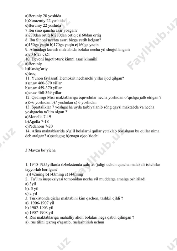 ga bo’lgan? a)2 b)3 c)4 d)5 7. imperik qiziqish nima? a)fikr yuritish b)hodisalarga badiy baho beris c)xalqni bilishga qaratilgan qiziqish 8. pedagogik qobilyat necha guruhga bôlinadi? a)2 b)3 c)4 d)5 9. pedagogik mahorat necha tarkibiy qisimdan iborat? a)2 b)3 c)4 d)5 10. kishilarning amaliy xatti-xarakatlari,muomila-munosabatlari nima deyiladi? a)õrgatish b)ahloq c)õqitish 11. gavda qól-oyoqlarning harakati nima? a)harakatdagi figura b)gidronomika c)pantonomika 12. dòstona munosabat yoki qôllab quvvatlashga bólgan ehtiyojni nima bildiradi? a)tabassum b)labni burish c)qól uzatish 13.odamni ichki kechinmalari haqida eng tòģri malumotni nima namoyon qiladi? a)yuz b)chexra c)kóz 14. pedagogik texnika necha guruhga bõlinadi? a).2 b)4 c)3 15.,,ilmning foydasi ochkózlik bilan oltin kumush tóplash uchun bólmay,balki u inson uchun zarur narsalarga ega bólishdir” ushbu gaplar kimni asarida keltirilgan? a)forobiy b)beruniy c)navoiy
