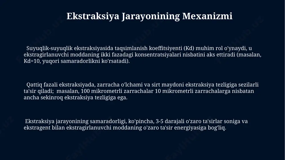 askadli bosqichdan iborat bo'lib, bu moddaning maksimal darajada chiqarilishini ta'minlaydi. farmasevtika sanoatida ekstraktorlarning qo'llanilishi murakkab tarkibli dorivor o'simliklardan maqsadli komponentlarni ajratib olish uchun membranali ekstraksiya texnologiyalari qo'llanilmoqda, bu esa selektivlikni 80% ga oshiradi va tozalash bosqichlarini qisqartiradi. o'simlik xom ashyosidan 30% dan ortiq samaradorlik bilan bioaktiv birikmalarni ajratib olishda superkritik co2 ekstraksiyasi keng qo'llaniladi, bu esa ekologik toza va yuqori sifatli mahsulot olish imkonini beradi. farmasevtika sanoatida suyuq-suyuq ekstraksiyasi yordamida 99% tozalikdagi faol moddalarni ajratib olish jarayonlarini optimallashtirish uchun 5-10 ta turli ekstraktorlardan foydalaniladi. qattiq-suyuq ekstraksiya ekstraktorlari qattiq-suyuq ekstraksiya ekstraktorlari, masalan, soxlet ekstraktorlari, odatda 30-60 daqiqada yuqori samaradorlik bilan 90% dan ortiq chiqish ko'rsatkichiga erishadi. ba'zi qattiq-suyuq ekstraksiya tizimlari, parallel ishlash imkoniyati bilan, bir vaqtning o'zida 10 dan ortiq namunani qayta ishlashga qodir. ushbu ekstraktorlarning dizayni, moddaning to'liq ekstraksiyasini ta'minlash uchun, optimal suyuqlik-qattiq nisbati (masalan, 1:10 yoki 1:20)ni hisobga olgan holda optimallashtirilgan. ekstraktorlarning asosiy turlari superkritik co2 ekstraksiyasi, 31°c dan …