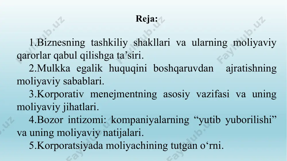 uning mulkiga egalik huquqidan ajratish uchun asosiy sabablar nimada? 3. korporativ menejmentning asosiy vazifasi va uning moliyaviy jihatlari korporatsiyaning boshqaruv xodimlarini aksiyadorlar direktorlar kengashi orqali ish tutib yollar ekanlar, menejerlarning asosiy vazifasi imkon qadar aksiyadorlar manfaatlarini ko‘zlab qaror qabul qilishdan iborat. ammo bu korporatsiya menejerlarining yagona vazifasi emas. jamiyatning har bir a’zosi singari, ular ham qonunlarga rioya qilishlari, odob-axloq qoidalarini hurmat qilishlari va zaruratga ko‘ra, albatta, agar bu aksiyadorlar tomonidan katta sarf-xarajatlarga olib kelmasa, turli ijtimoiy vazifalar bajarilishiga ko‘maklashishlari kerak. menejerlar kompaniya egalari bilan har bir masalani, shu jumladan, kompaniya tovarlari va xizmatlari assortimentini tanlash, kapital jalb qilish bo‘yicha sarf-xarajatlarni belgilash masalalarini muhokama qilishlari, ulardan eng maqbul variantlar qaysiligini so‘rashlari mumkin. kompaniya egalari firmani o‘zlari boshqarganlarida qanchalik mutasaddi bo‘lsalar, biznesni boshqarishga qancha vaqt sarf qilsalar, shuncha darajada mutasaddi bo‘lib, shuncha vaqt sarflagan bo‘lar edilar va menejerlar mehnatidan foydalanishdan ma’no qolmagan bo‘lar edi. menejerlar ham kompaniya egalari kompaniyani o‘zlari boshqarganlarida qabul …