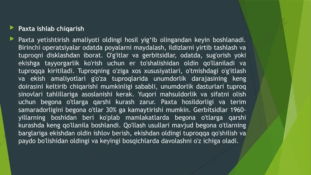 0 dan 20,000 gacha urug'lar / bir metr qatorga ekish tavsiya etiladi. urug'larning o'lchamidan qat'i nazar, urug'larning bir xil oralig'ini ta'minlash uchun mos ekish moslamasini o'lchash tizimidan foydalanish kerak. urug'larning unib chiqishi va ko'chatlarning paydo bo'lish tezligi 15 dan 38 ºc gacha bo'lgan harorat oralig'i bilan chambarchas bog'liq. yig'ishtirish paxta terish uchun ikki turdagi mexanik terim texnikasi qo'llaniladi: shpindel va paxta terish mashinasi. the shpindel tanlagich selektiv kombayn boʻlib, chigitli gʻoʻzani chigitdan tozalash uchun konusli, tikanli shpindellardan foydalanadi. bu terim mashinasi qatlamli hosilni ta'minlash uchun dalada bir necha marta ishlatilishi mumkin. boshqa tomondan, paxta tozalagich tanlanmaydigan yoki bir marta yig‘im-terim mashinasi bo‘lib, u nafaqat yaxshi ochilgan ko‘zalarni, balki yorilib ketgan va ochilmagan kosalarni va boshqa begona moddalar bilan birga olib tashlaydi. yuqori sifatli bir xil hosilni beradigan agrotexnika usullari, odatda, yaxshi yig'im samaradorligiga yordam beradi. mexanizmlardan unumli foydalanish uchun dala yaxshi quritilishi va qatorlar yotqizilishi kerak. qator uchlari begona o'tlar …