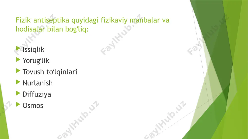 yaxshilaydi, nekrotik to’qimalar tezroq ajratib tushadi, bundan tashqari, suvning ionlanishi sodir bo’ladi va vodorod ionlari va gidroksil ionlari mikrob hujayralarida oksidlanish-qaytarilish jarayonlarini buzadi. jarohatni ultratovushli kavitatsiya qilish lazer bilan ishlov berish yaralarga pulsatsiyalanuvchi oqim bilan ishlov berish rentgenoterapiya rentgen nurlanishi kichik, chuqur joylashgan o’choqlarda infektsiyani bartaraf qilish uchun ishlatiladi. suyak panaritsiyasi va osteomiyelitini, qorin bo’shlig’idagi operatsiyalardan keyin yallig’lanishni va hokazolarni shunday davolashingiz mumkin. rentgenoterapiya foydalanilgan manbalar: https://www.google.com/url?sa=t&source=web&rct=j&url=https://ppt-online.org/367779&ved=2ahukewiglvp-pet9ahwwzoskhaida4aqfnoecaoqaq&usg=aovvaw2-tvqw0bfl6kmulgrvjy1o https://blog.universalmedicalinc.com/are-you-using-a-diode-laser-in-your-medical-facility/ https://studfile.net/preview/4603856/page:15/#4603856 петров, с. в. общая хирургия : учебник / петров с. в. – 4-е изд. , перераб. и доп. – москва : гэотар-медиа, 2014, стр.100-104. https://studfile.net/preview/6034365/page:2/ image1.jpeg image2.jpeg image3.jpeg image4.jpeg image5.jpeg image6.jpeg image7.jpeg image8.jpeg image9.jpeg image10.jpeg image11.jpeg image12.jpeg image13.jpeg image14.jpeg image15.jpeg image16.jpeg /docprops/thumbnail.jpeg