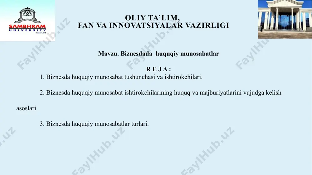 xuquqiy munosabat ishtirokchilari aksariyat hollarda oʻzlariga tegishli mulkka egalik qilish, foydalanish, uni tasarruf etishda muayyan mustaqillikka ega boʻlib, bir-birlariga nisbatan teng huquqli shaxslar hisoblanadilar. biznesda huquqiy munosabatlarning subyektlari boʻlib ana shu munosabatlarda qatnashuvchi shaxslar hisoblanadi. bular yuridik shaxs huquqiga ega boʻlgan korxona va tashkilotlar, shuningdek, ularning boʻlinmalari hisoblanadi. oliy ta’lim, fan va innovatsiyalar vazirligi biznesda xuquqiy munosabatlarda subyekt sifatida davlat, maʼmuriy hududiy tuzilmalar, korxonalar va ularning boʻlinmalari, yuridik shaxs tuzmasdan tadbirkorlik faoliyatini amalga oshiruvchi tadbirkor fuqarolar ishtirok etishlari mumkin. oliy ta’lim, fan va innovatsiyalar vazirligi biznesda huquqiy munosabatlar turlari 1 2 3 obyektiga koʻra oʻzaro aloqa xarakteriga koʻra oʻzaro aloqa xarakteriga koʻra mulkiy va nomulkiy mutlaq va nisbiy ashyoviy va majburiyatli oliy ta’lim, fan va innovatsiyalar vazirligi nomulkiy huquqiy munosabatlar-xoʻjalik yurituvchi subyektlar oʻz faoliyatlarida foydalanadigan nomoddiy nematlar, xususan, firma nomi, tovar belgisi, xizmat koʻrsatish belgisi, tovar ishlab chiqarilgan joy nomi, tijorat siridan foydalanishda, shuningdek ishchanlik obroʻsini himoya qilish kabi jarayonlarda …