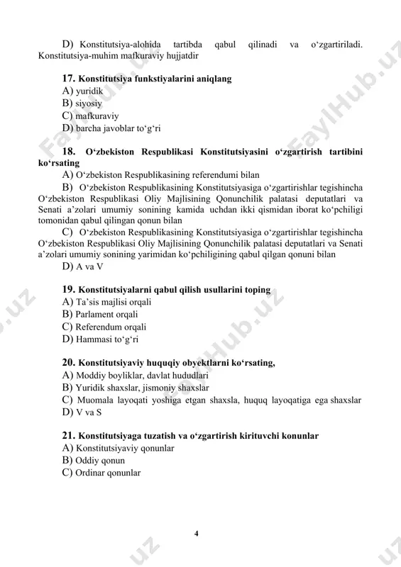 mvolik (shiorona) normalarning mavjudligi b) alohida tartibda qabul qilinishiga ko‘ra c) imperativ xususiyatiga ko‘ra d) dispozitiv xususiyatiga ko‘ra 24. konstitutsiyaviy huquqiy normalar yuridik kuchiga ko‘ra qanday bo‘linadi? a) o‘zbekiston va qoraqalpog‘iston qonunlarida ifodalangan b) o‘zbekiston va qoraqalpog‘iston respublikalari konstitutsiya- larida ifodalangan. c) respublika prezidenti farmonlarida ifodalangan. vazirlar mahkamasining ba’zi bir qarorlarida ifodalangan. d) hammasi to‘g‘ri 25. konstitutsiyaviy- huquqiy munosabatlarning subyektlari qatoriga: a) o‘zbekiston xalqi; ma’muriy- hududiy birliklar; siyosiy partiyalar va boshqa jamoat birlashmalari; b) davlat organlari; davlat organlari va jamoat birlashmalarining mansabdor shaxslari; o‘zbekiston respublikasi oliy majlisi senati a’zosi va qonunchilik palatasi hamda mahalliy-xalq deputatlari kengashlarining deputatlari; c) o‘zbekiston respublikasi fuqarolari; konstitutsiyaviy-huquqiy munosabatlarda subyekt sifatida chet el fuqarolari va fuqaroligi bo‘lmagan shaxslar. d) a,v,s 26. o‘zbekiston respublikasi konstitutsiyaviy huquq manbalari qatoriga kirmaydigan javobni toping? a) o‘zbekiston respublikasi konstitutsiyaviy huquqning bosh manbai bo‘lib, uning konstitutsiyasi hisoblanadi; qoraqalpog‘iston respublikasining konstitutsiyasi. b) o‘zbekiston respublikasining konstitutsiyaviy huquqiy normalarini belgilaydigan qonunlari (oliy majlis, vazirlar mahkamasi …