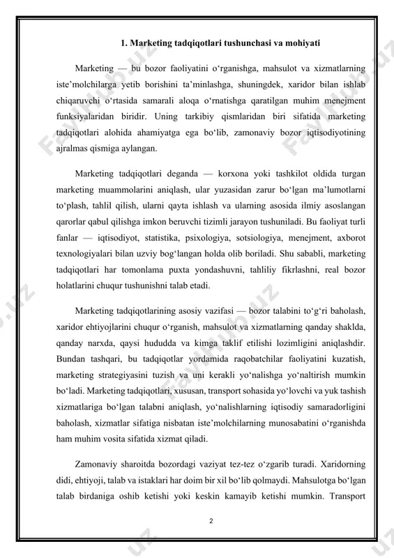 lchilarning munosabatini o‘rganishda ham muhim vosita sifatida xizmat qiladi. zamonaviy sharoitda bozordagi vaziyat tez-tez o‘zgarib turadi. xaridorning didi, ehtiyoji, talab va istaklari har doim bir xil bo‘lib qolmaydi. mahsulotga bo‘lgan talab birdaniga oshib ketishi yoki keskin kamayib ketishi mumkin. transport xizmatlari misolida aytganda, masalan, muayyan yo‘nalishdagi yo‘lovchi oqimi mavsumiy xususiyatlarga bog‘liq holda o‘zgarishi mumkin. shuningdek, raqobatchilar tomonidan yangi xizmatlar taklif etilishi ham korxonaning bozor ulushiga ta’sir ko‘rsatadi. shunday holatlarda, marketing tadqiqotlari kompaniyaga vaziyatni chuqur tahlil qilish, muammolarga tezda javob topish va to‘g‘ri strategiya ishlab chiqishda yordam beradi. marketing tadqiqotlarining yana bir muhim jihati — bu qaror qabul qilish jarayonini ilmiy asosga qo‘yishidir. odatda, rahbariyat qarorlarni o‘z tajribasiga yoki oldingi natijalarga tayanib qabul qiladi. biroq, bozor sharoitlarining doimiy o‘zgarib turishini inobatga olganda, bunday qarorlar har doim ham kutilgan natijani bermasligi mumkin. marketing tadqiqotlari esa, zamonaviy analitik usullar yordamida aniqlik kiritadi, mavjud xavf-xatarlarni oldindan ko‘rsatadi va optimal qarorlar tanlashga asos bo‘la oladi. …