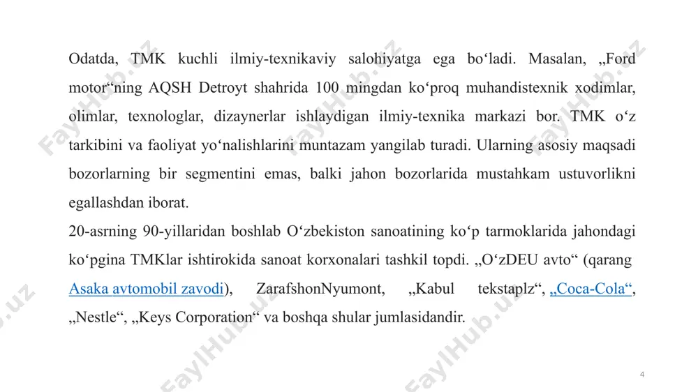 adi. mac,"ford motor"ning aqsh detroyt shahrida 100 mingdan koʻproq muhandistexnik xodimlar, olimlar, texnologlar, dizaynerlar ishlaydigan ilmiy-texnika markazi bor. 8 transmilliy korporatsiya oʻz tarkibini va faoliyatyoʻnalishlarini muntazam yangilab turadi. ularning asosiy maqsadi bozorlarning bir segmentini emas, balki jahon bozorlarida mustahkam ustuvorlikni egallashdan iborat.20-asrning 90-yillaridan boshlab oʻzbekiston sanoatining koʻp tarmoqlarida jahondagi koʻpgina transmilliy korporatsiyalar ishtirokida sanoat korxonalari tashkil topdi. "oʻzdeu avto" , zarafshon nyumont, "kabul tekstaplz", "kokakola", "nestle", "keys korporeyshn" va boshqa shular jumlasidandir. 9 tmklarning “kuch” xususiyatlarini yoki ushbu kuch va ahamiyatga ega bo‘lgan mezonlarni “tortish” mumkinligini tahlil qilish muhimdir. tmklar “kuchi”ning asosiy xususiyatlaridan biri korporatsiyaning umumiy kapitallashuv darajasi va uning mamlakatlardagi mavjud aktivlaridir. kapitallashuvning umumiy darajasi davlat va xalqaro tashkilotlarga, muayyan mamlakatlarda esa ularning davlat tuzilmalariga bosim o‘tkazish kuchidan iboratdir. shu munosabat bilan tmk faoliyatini tahlil qilishda “transmilliylashuv indeksi” tushunchasidan foydalaniladi. transmilliylashuv indeksining ikki turi mavjud: 1. kompaniyalarning transmilliylashuv indeksi; 2. mamlakatning transmilliylashuv indeksi. 10 kompaniyalarning transmilliylashuv indeksi quyidagicha aniqlanadi: …
