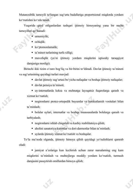 rish omillardan himoya qilish; · fuqarolarning o‘zlari uchun qonunga zid kelmaydigan har qanday yo‘llar bilan tirikchilik vositalarini hech bir to‘siqsiz ishlab topishlari uchun imkon beradigan shart-sharoitlar yaratish; · fuqarolarning ta’lim, tibbiy yordam va shu kabilarga bo‘lgan ehtiyojlarini qondirishni ta’minlaydigan shart-sharoitlar yaratish, bunda jamiyat imkoniyatlari va o‘ziga xos milliy-tarixiy xususiyatlarni hisobga olish; · yollanib ishlayotganlarga qulay sharoitlarni ta’minlash, ularni sanoat ishlab chiqarishining salbiy ta’sir ko‘rsatishidan himoya qilish; · jamiyat a’zolarining ekologik xavsizligini ta’minlash; · fuqarolarni jinoiy hamlalardan himoya qilish; · huquqiy, demokratik davlat tamoyillariga mos keluvchi fuqarolik va siyosiy huquqlar hamda erkinliklarni himoya qilish; · qurolli ijtimoiy va millatlararo nizolarga barham beruvchi shart-sharoitlar yaratish; · siyosiy ta’qib va ma’muriy zo‘ravonlikdan himoya qilish; · ma’naviy hayot erkinligini ta’minlash, mafkuraviy taziyqlardan himoya qilish; · umuman jamiyatda, ayrim yacheykalar va tarkibiy bo‘linmalarda qulay psihologik iqlim yaratish, psihologik tazyiq o‘tkazishdan himoya qilish. xx asrda an’anaviy kapitalistik jamiyat haqiqatda o‘zgarib, yangi ijtimoiy-iqtisodiy tizimga - ijtimoiy yo‘naltirilgan …